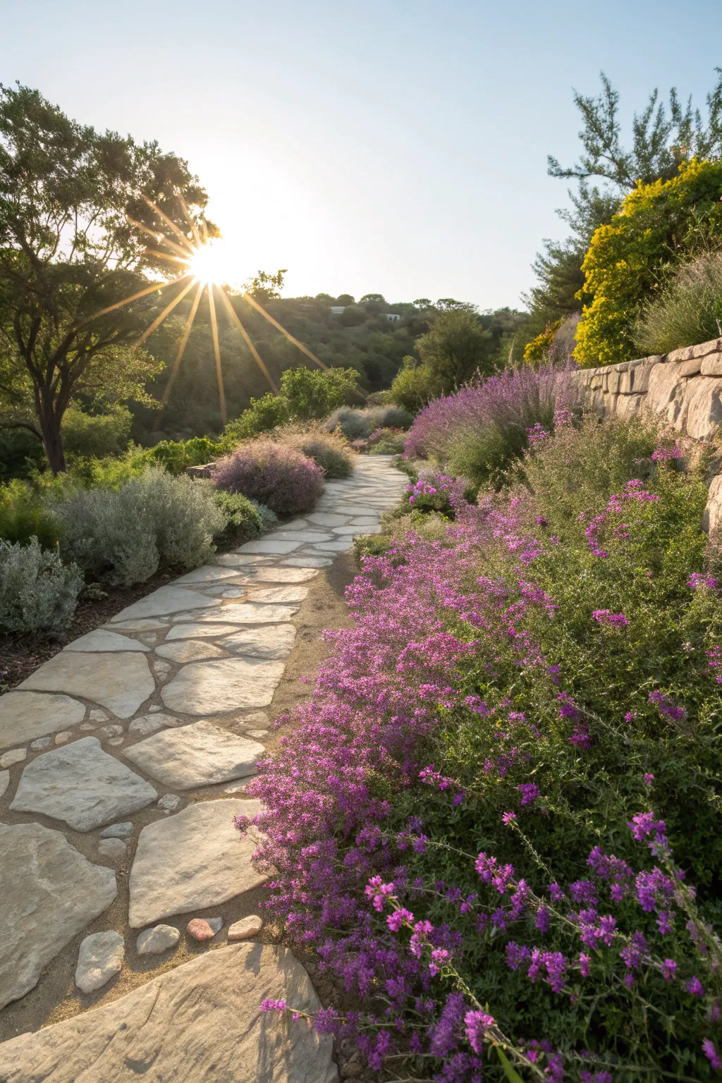 Xeriscape border with Texas sage along a pathway.