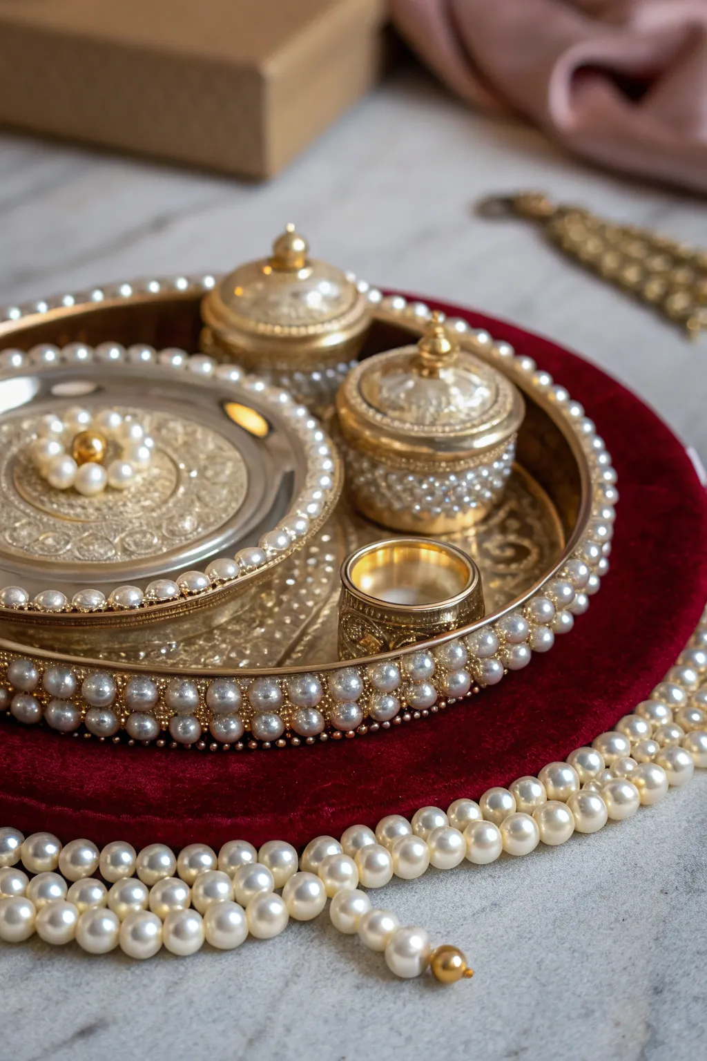 A thali elegantly decorated with a string of pearls on a velvet base.