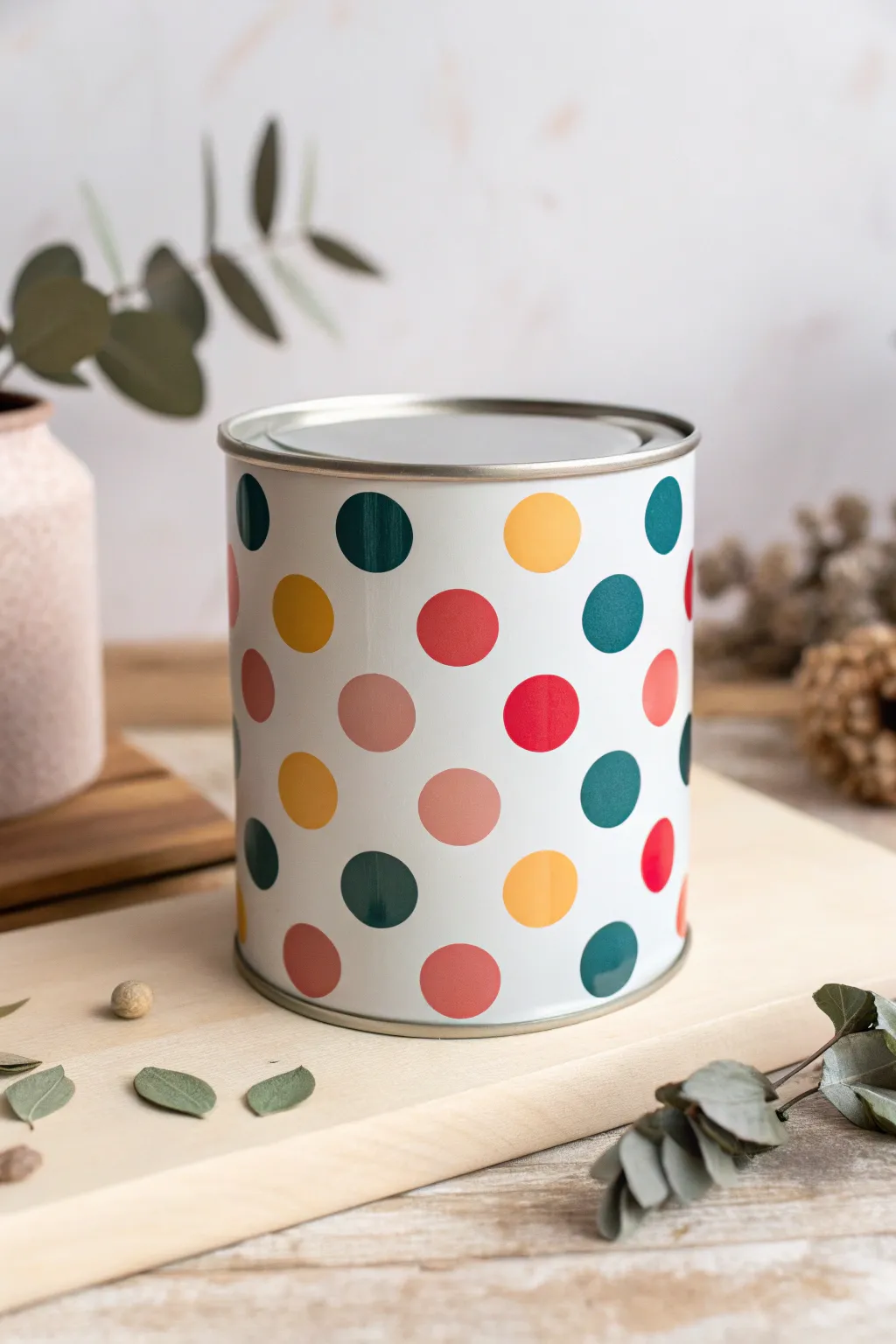 Add a playful pop to your decor with this chic polka dot tin can!