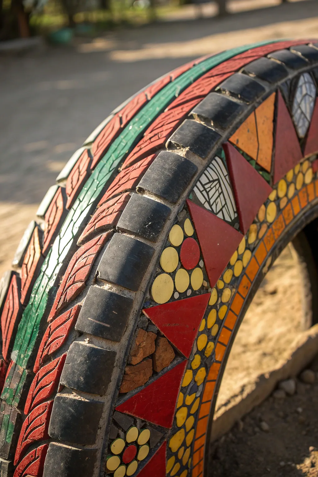 Transform your garden with a vibrant mosaic tire fence that captures the light and imagination.
