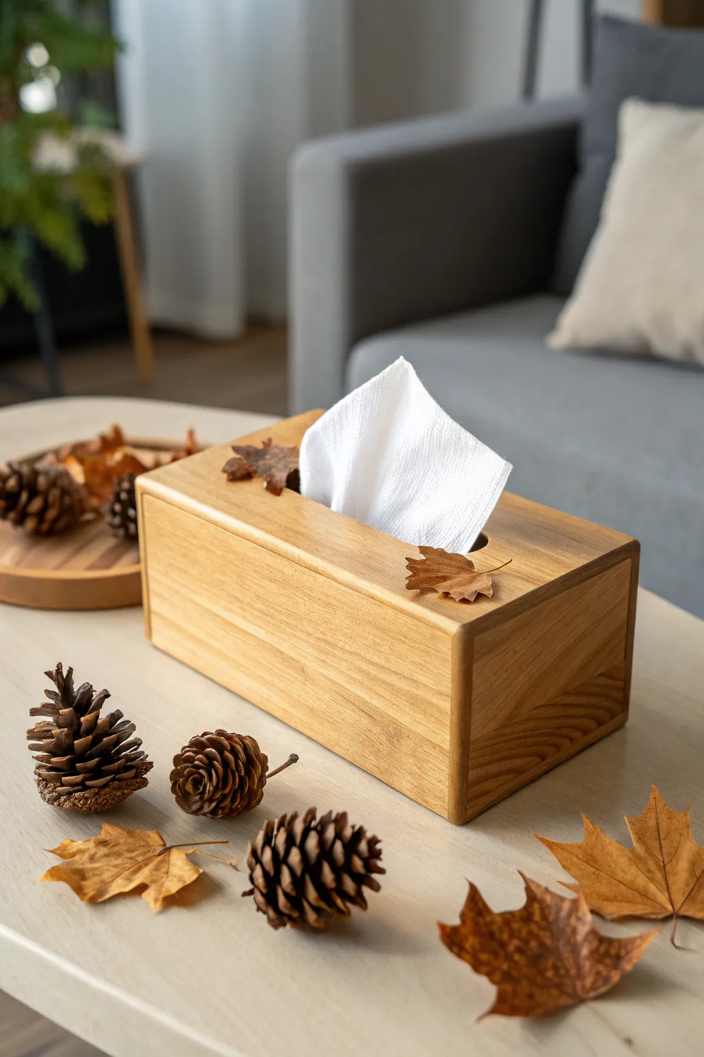 Embrace the cozy vibes of fall with a beautifully adorned tissue box that combines minimalist elegance and seasonal charm.