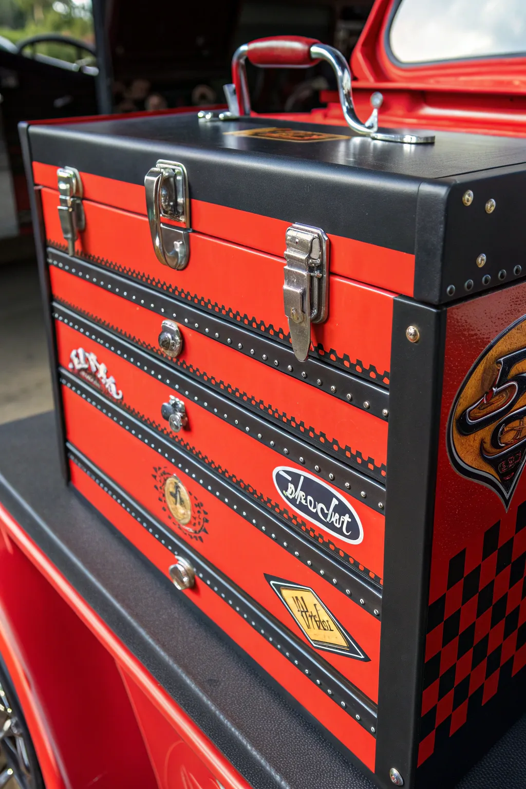 Rev up your decor with this automotive-inspired tool box dresser, perfect for the car enthusiast with a taste for craftsmanship.