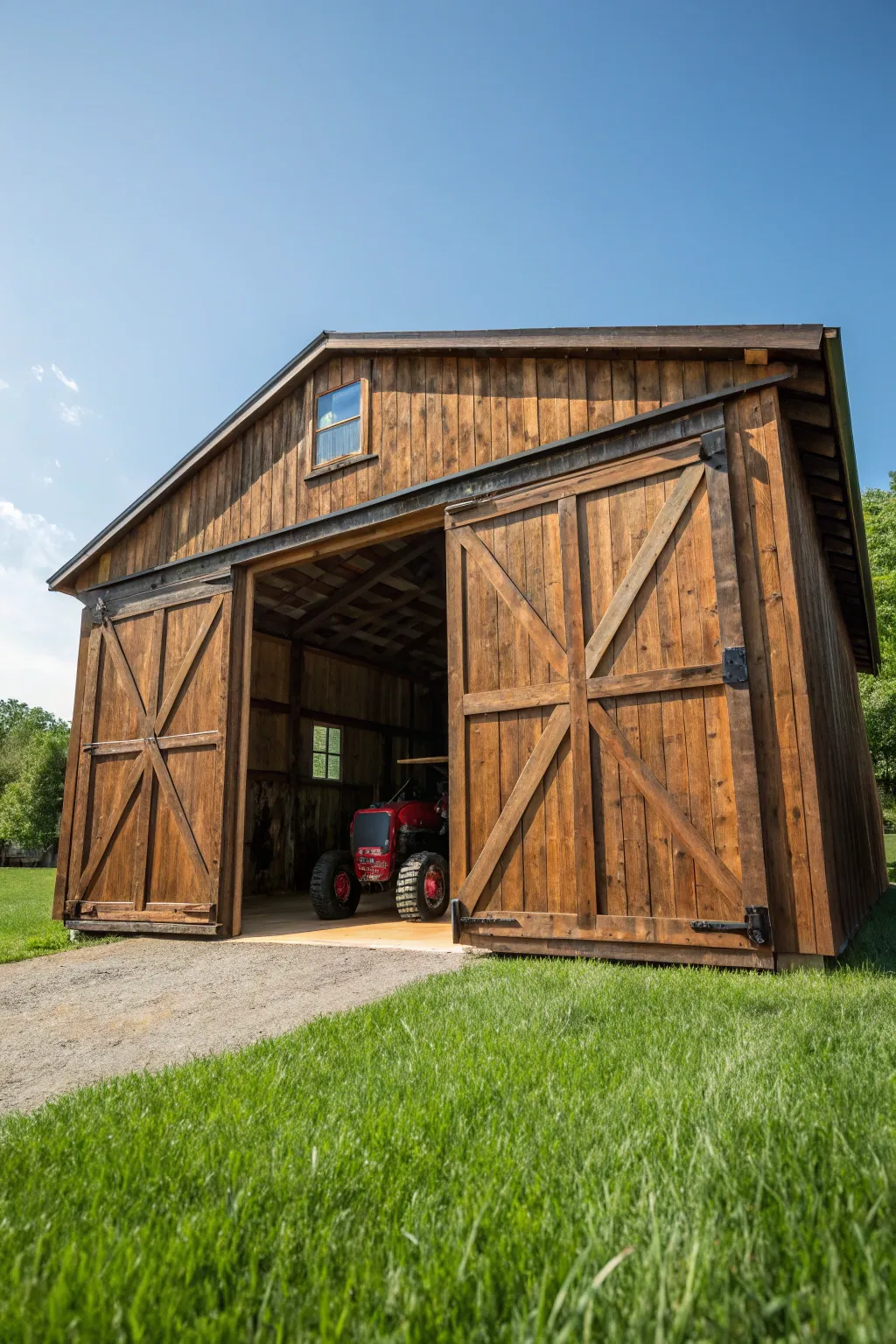 Craftsmanship meets functionality: A tractor shed with large openings for seamless access.