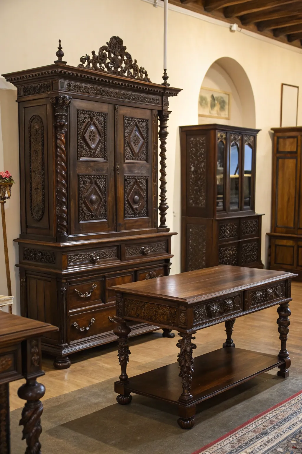 Dark wood furniture adds a timeless touch.