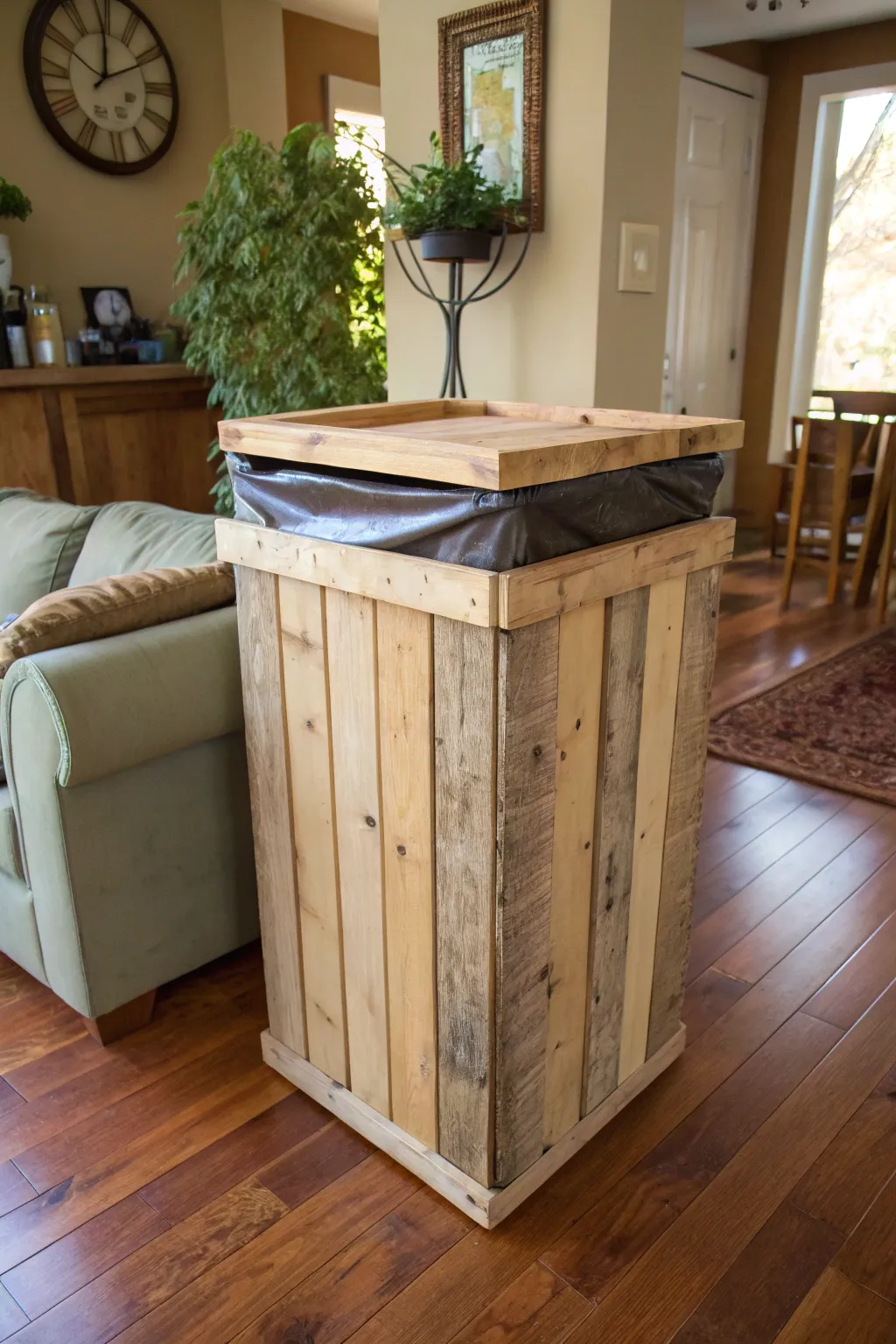 A cozy home with a rustic DIY pallet trash can cover.