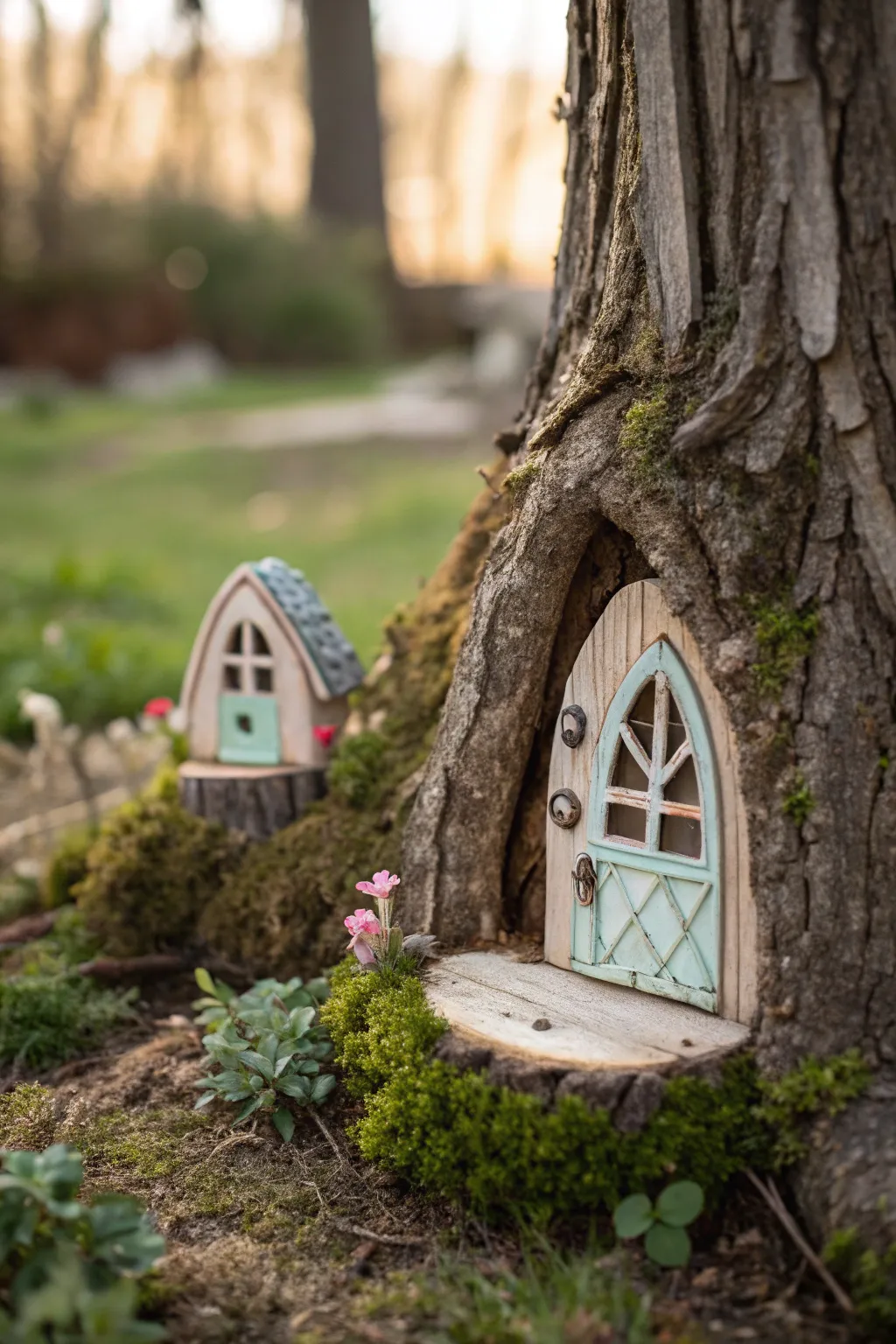 Peek into a fairy's world with enchanting handcrafted windows on a rustic tree stump.