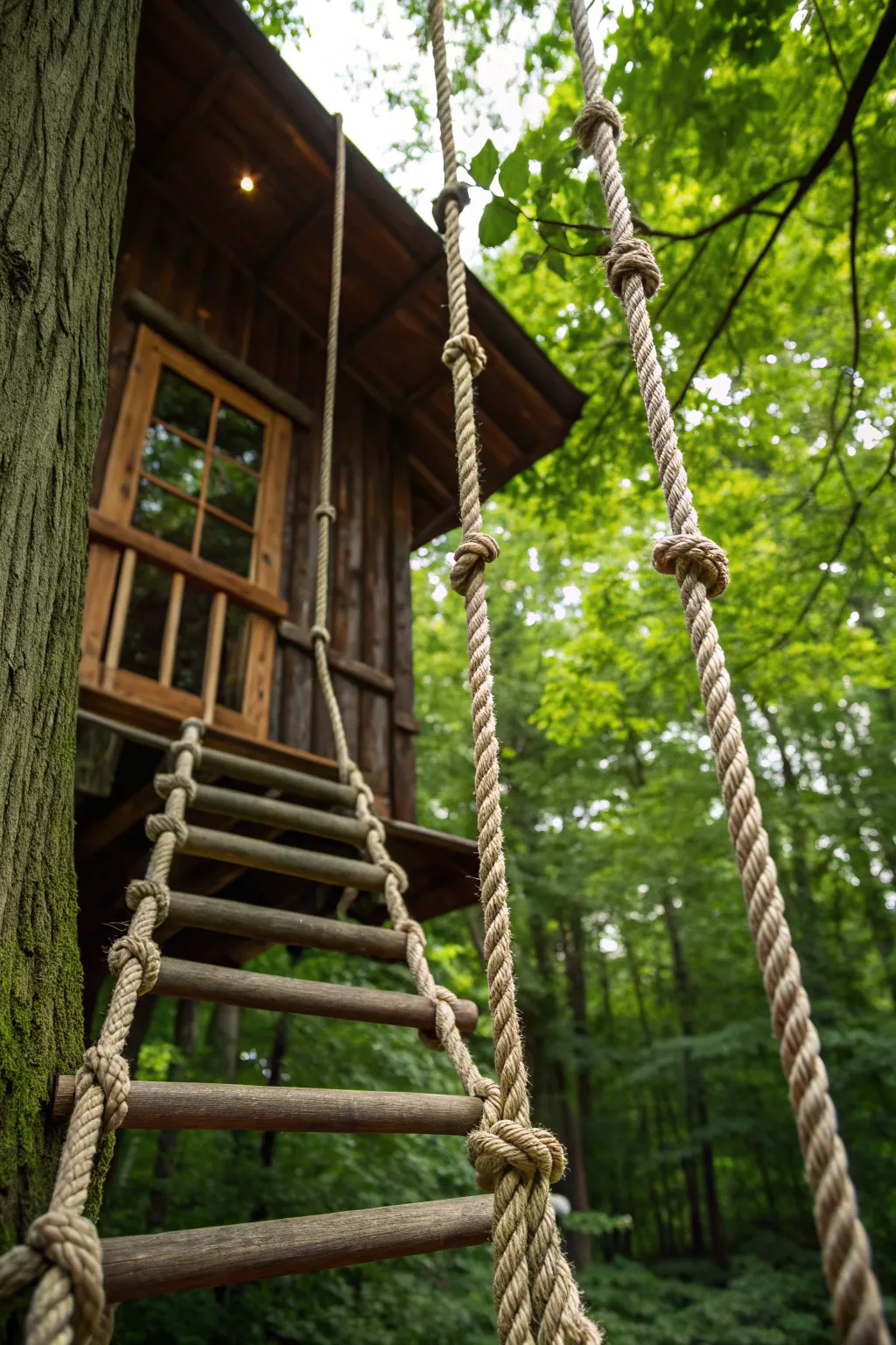 Embrace adventure with a daring swinging rope ladder to your treehouse hideaway.