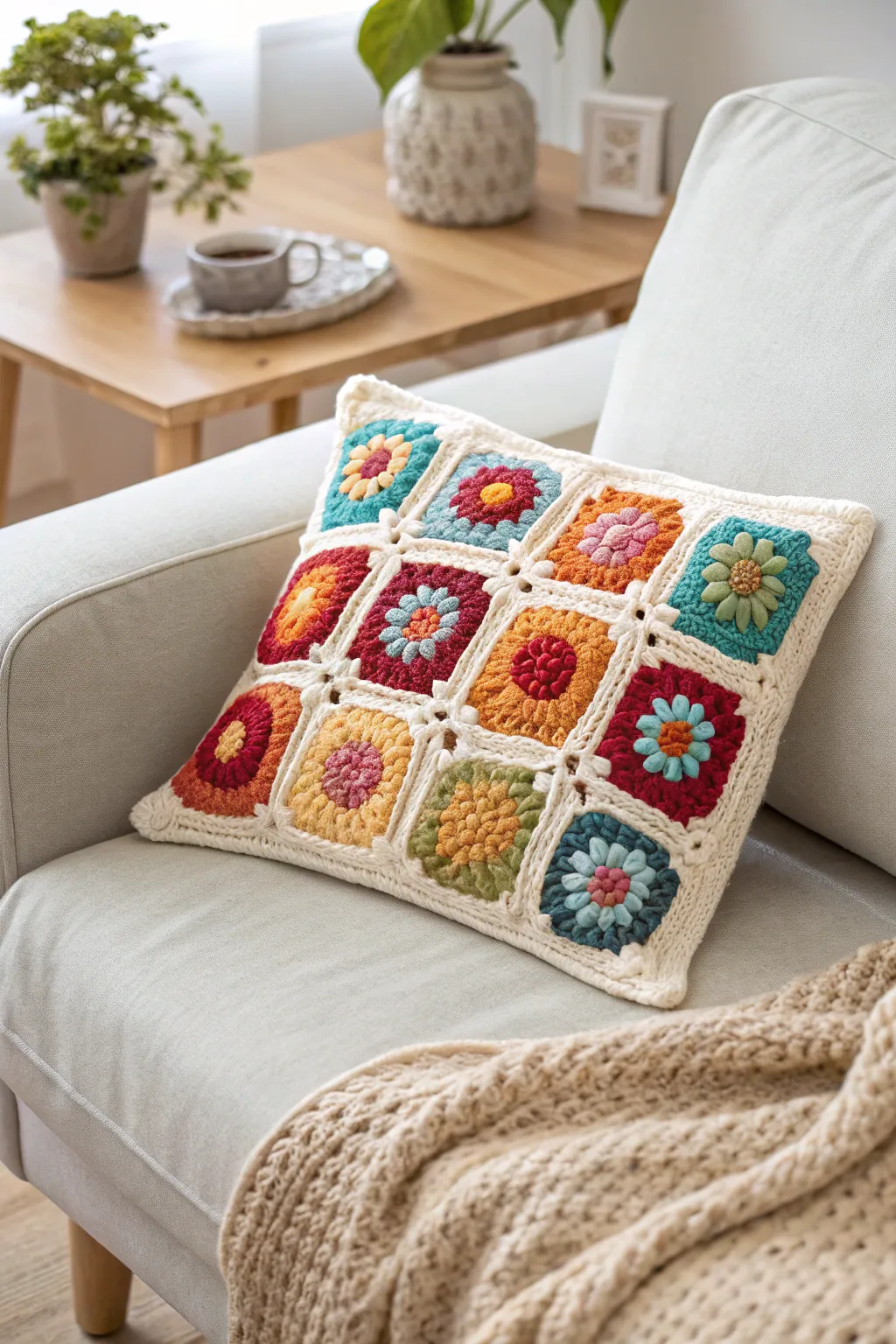 Bring a splash of color and a touch of boho charm to your home with a vibrant crochet granny square pillow.