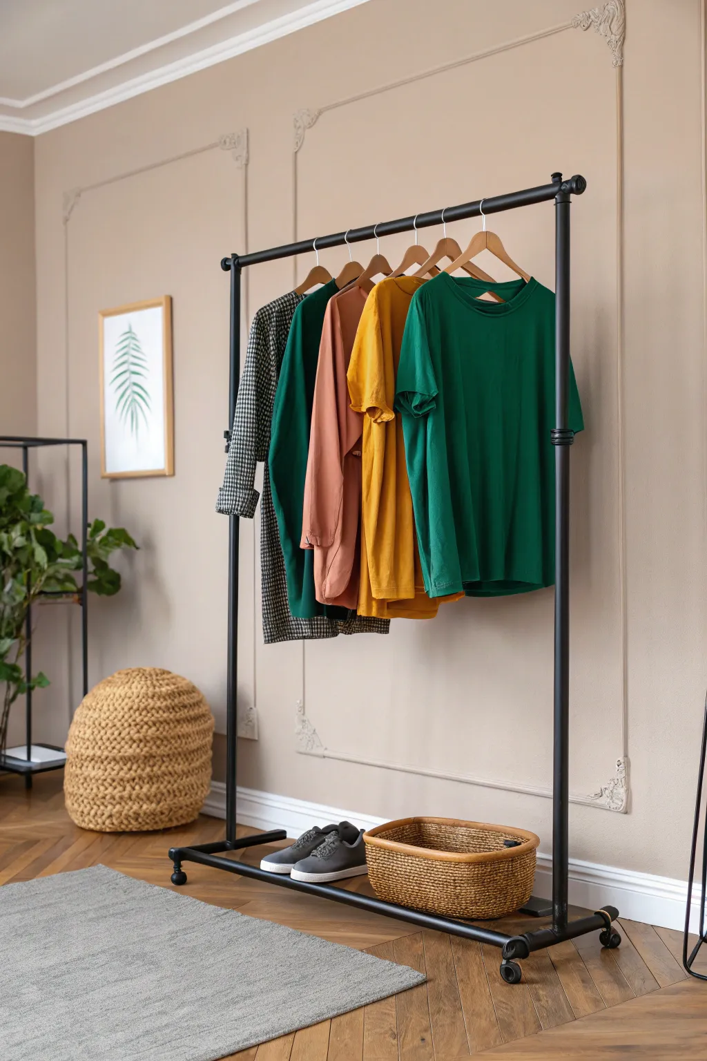 Elevate your space with a chic DIY PVC pipe t-shirt rack that marries modern minimalism with bohemian charm. #ScandiBoho #Craftsmanship #BoldColors