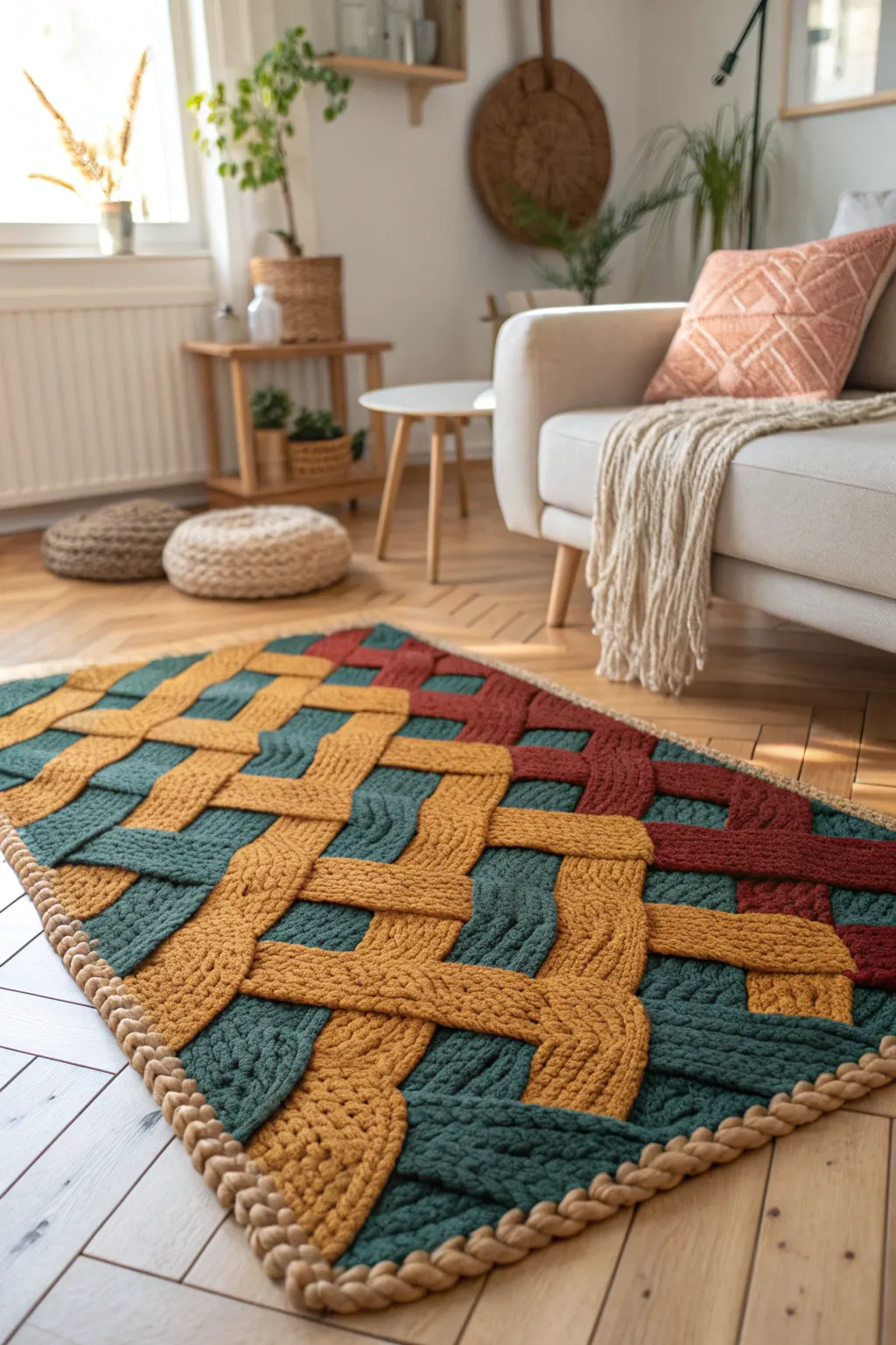 Add a touch of artistry to your space with this stunning basket weave crochet rug!