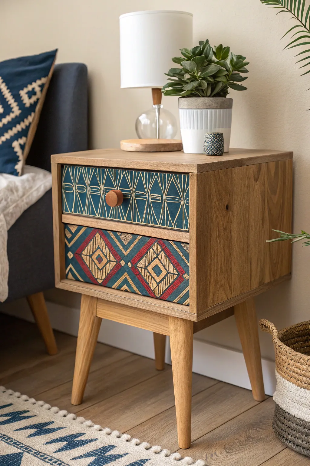 Transform your nightstand into a statement piece with decoupage! Embrace bold patterns and natural beauty for a stunning, personalized touch. #UpcycledElegance #ScandiBoho