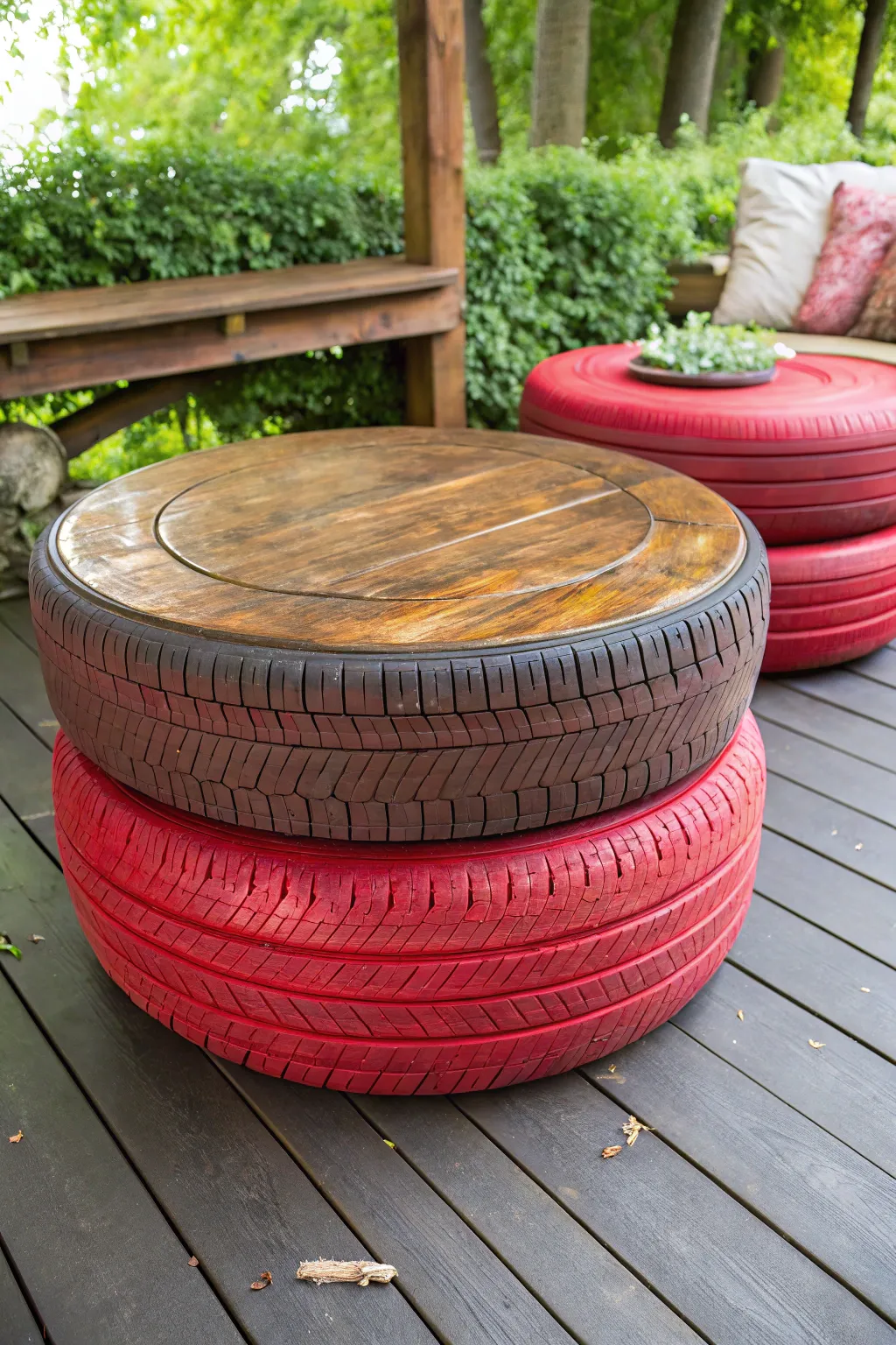 Transform your outdoor space with this bold, handcrafted coffee table. Who knew old tires could look this good?