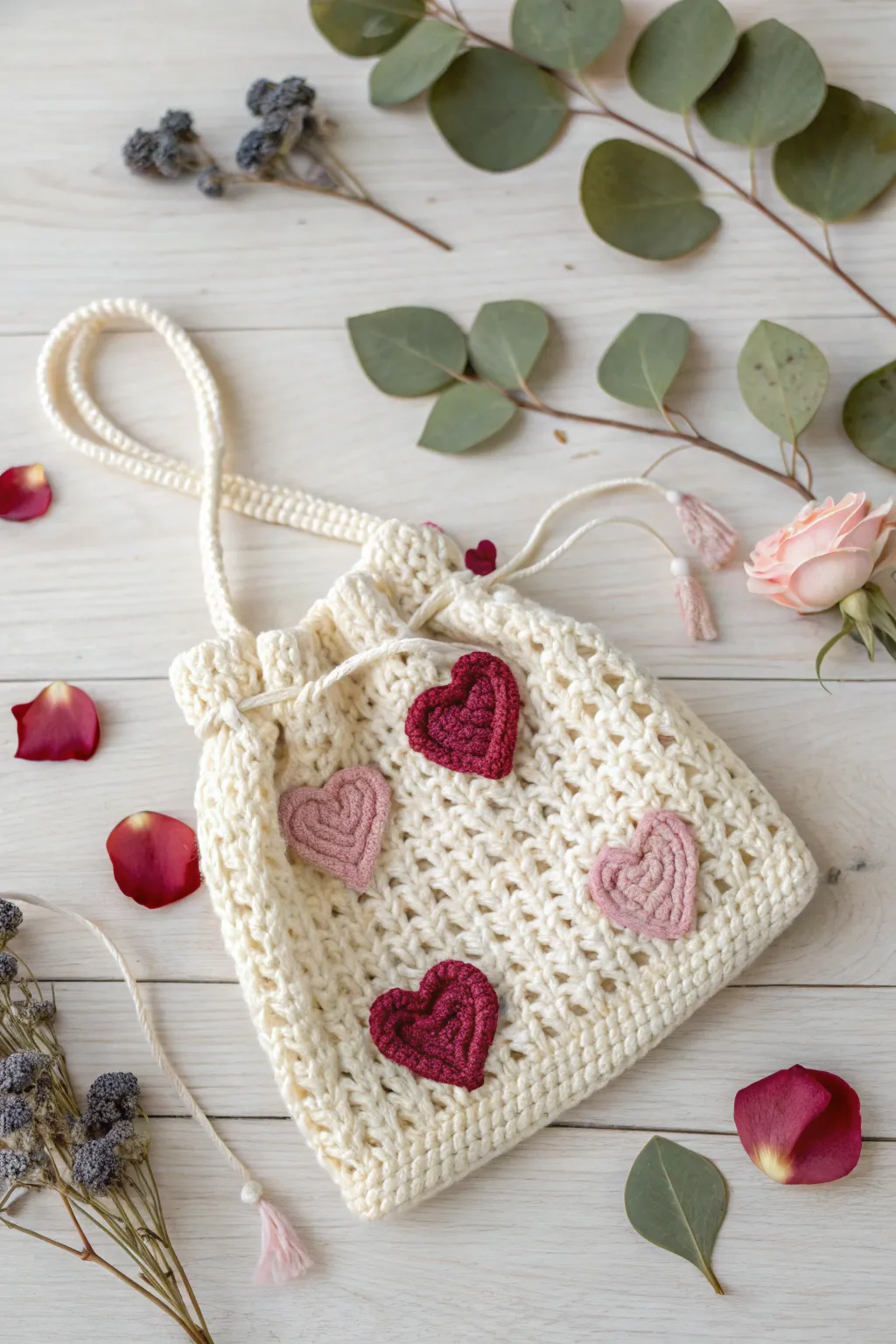 Charming crochet gift bags with heart details, perfect for a personal Valentine’s touch.