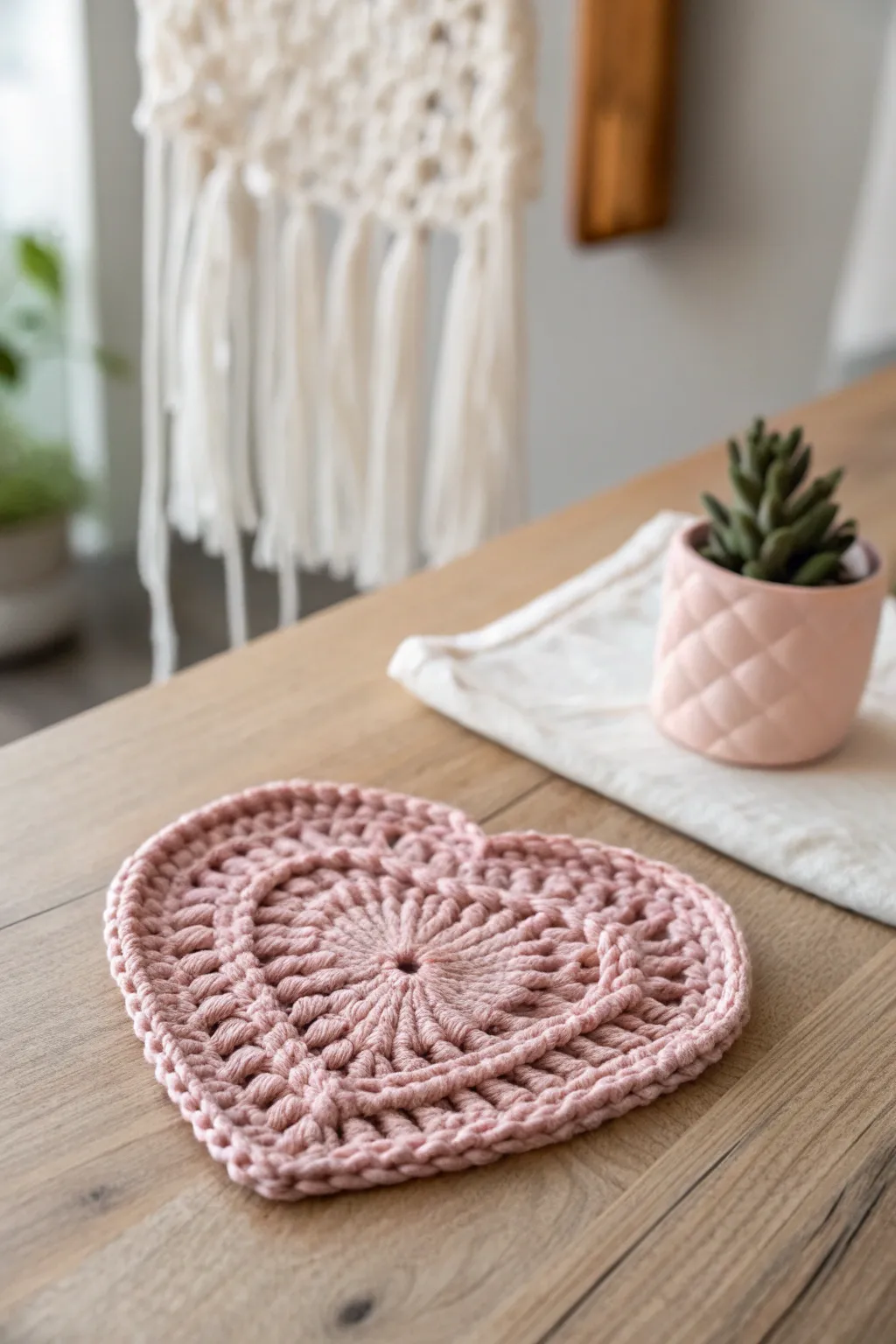 Add a touch of handcrafted love to your day with this charming heart-shaped crochet coaster.