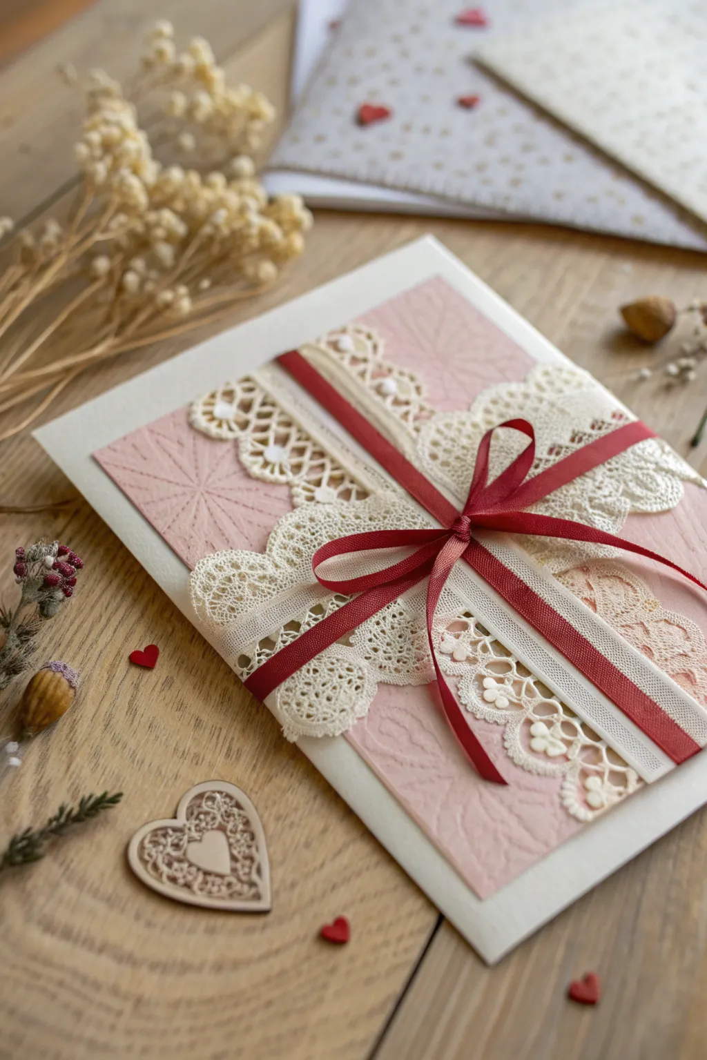 Capture the timeless elegance of love with a vintage lace and ribbon Valentine's card, perfect for a heartfelt gesture.