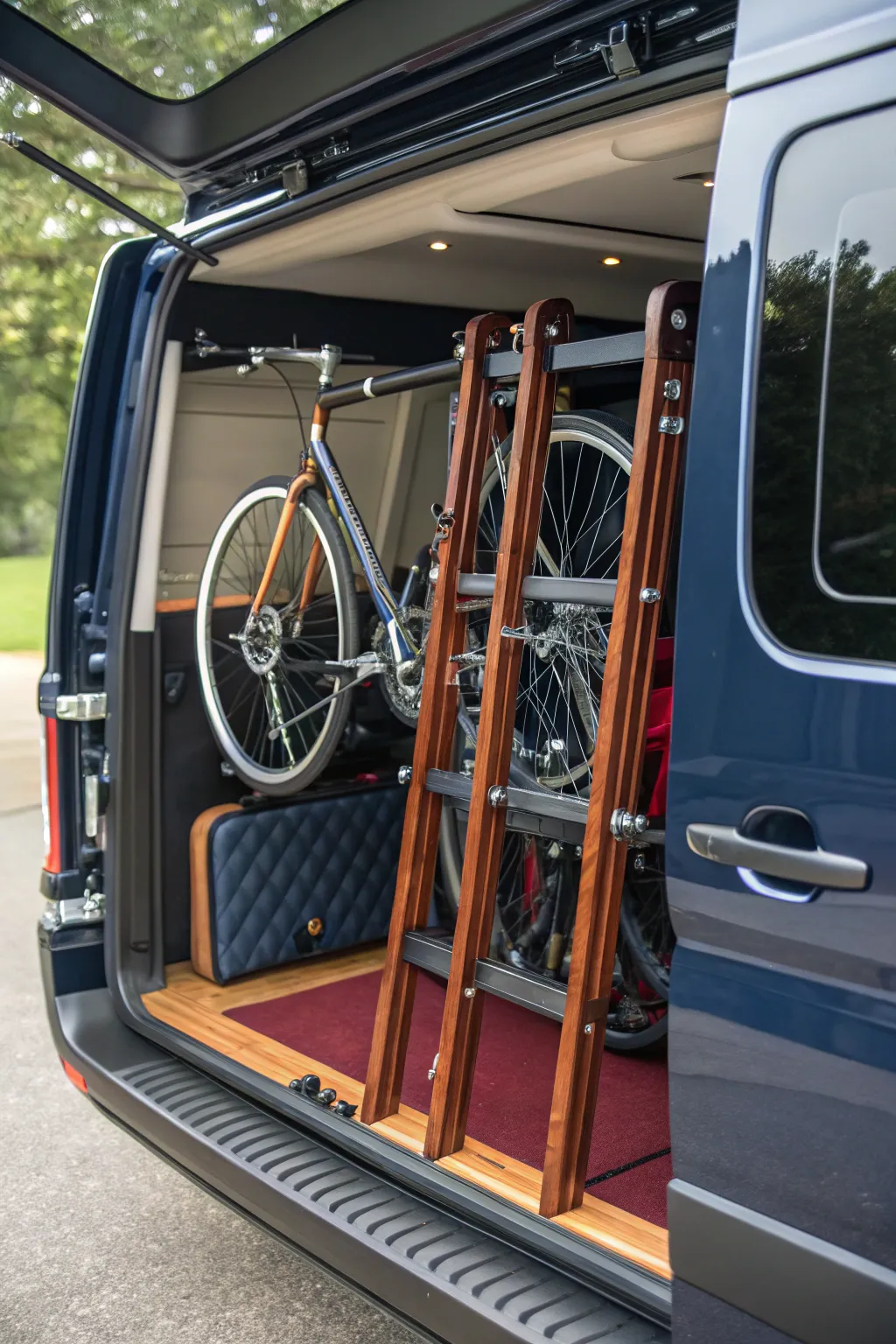 Ingenious Craftsmanship: Foldable bike racks that blend style with functionality for your van adventures.