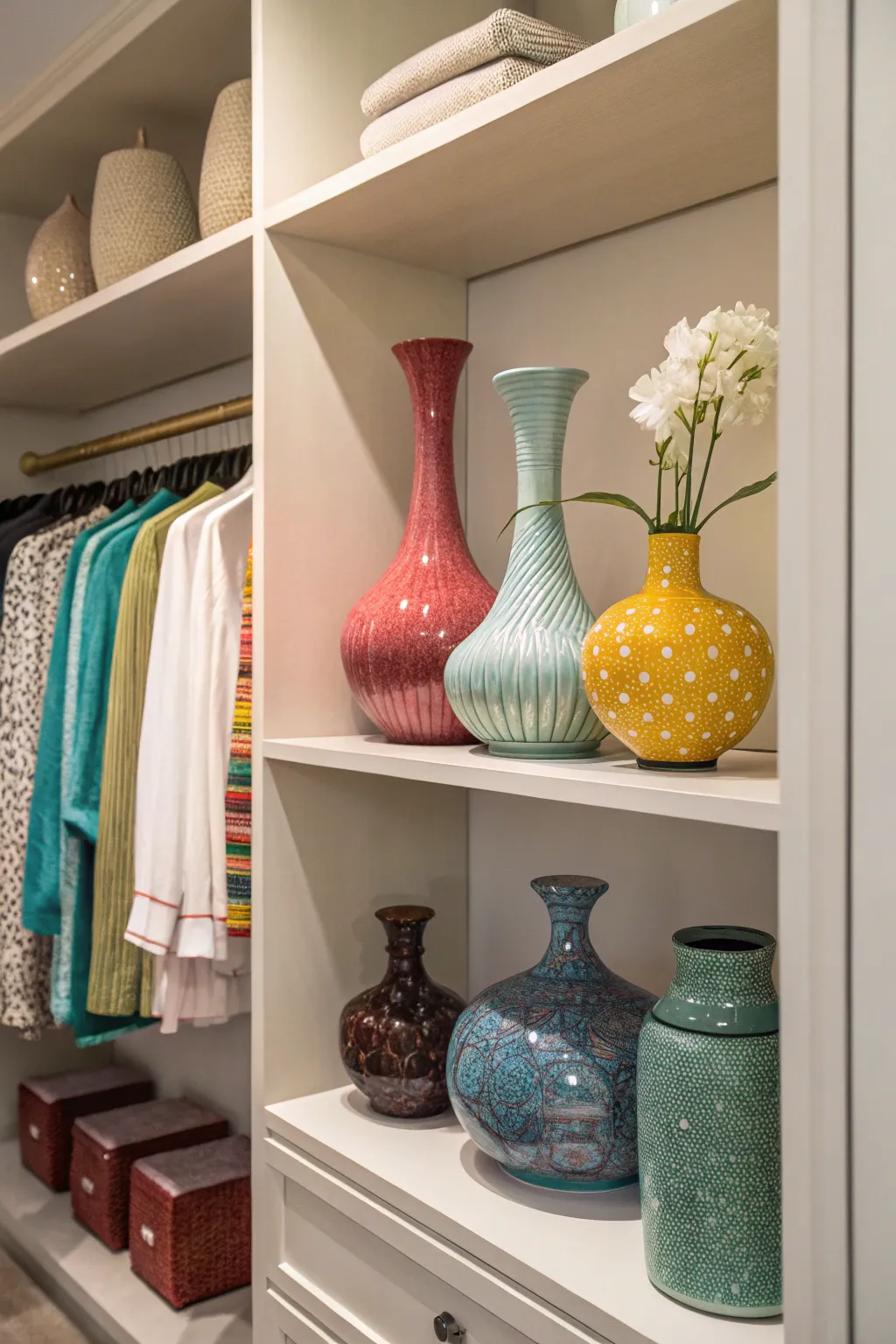 Closet shelves provide hidden yet accessible storage for vases.
