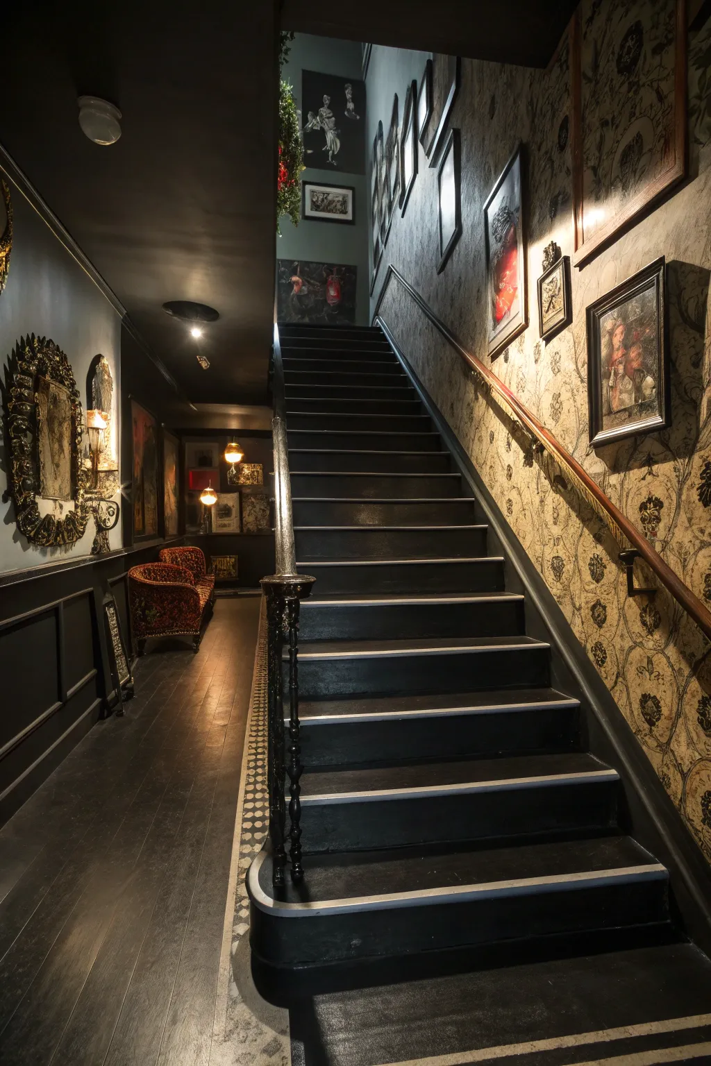 Bold black vinyl flooring transforms your stairs into a dramatic focal point.