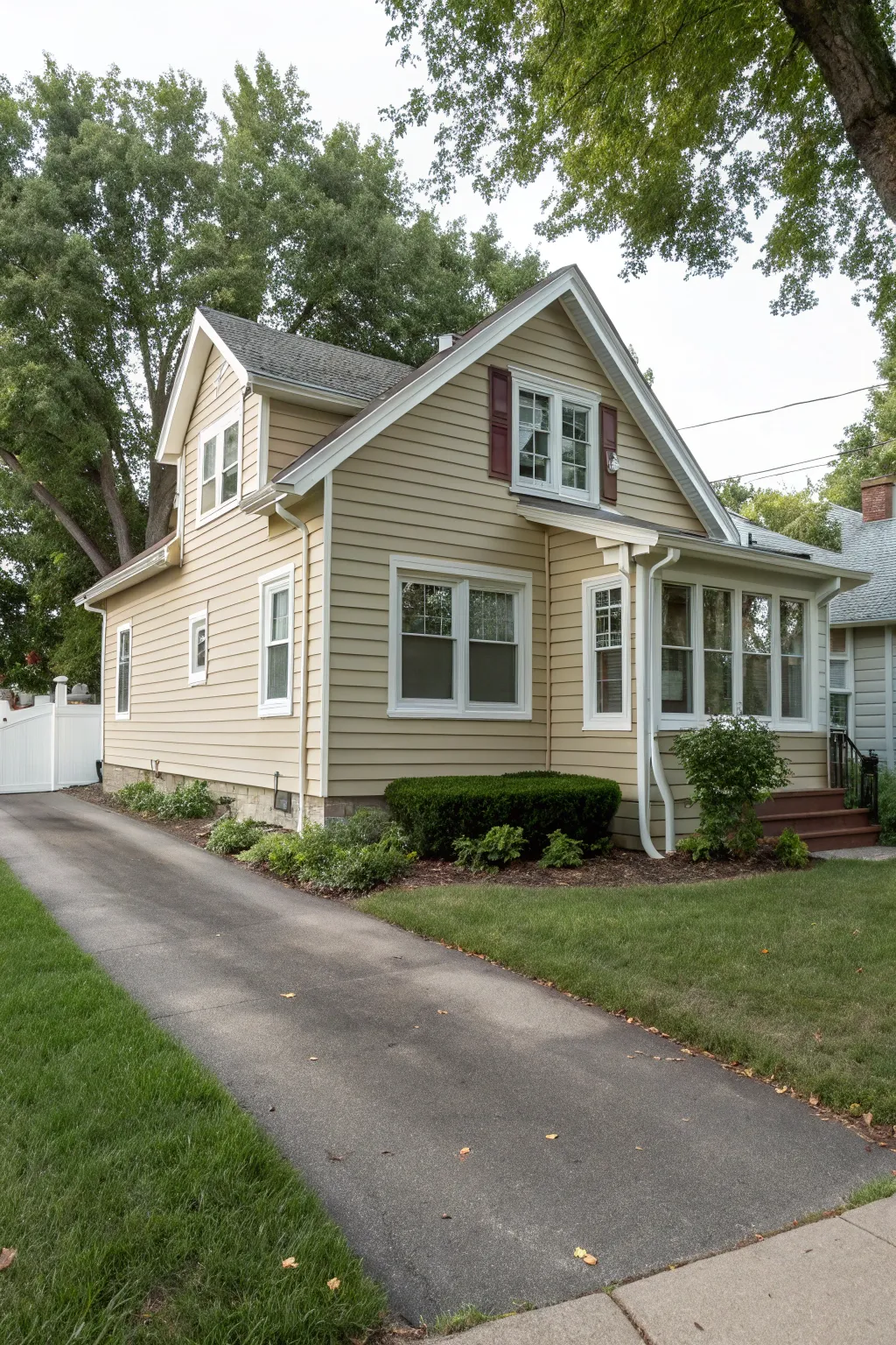 Contrasting trim enhances architectural details.