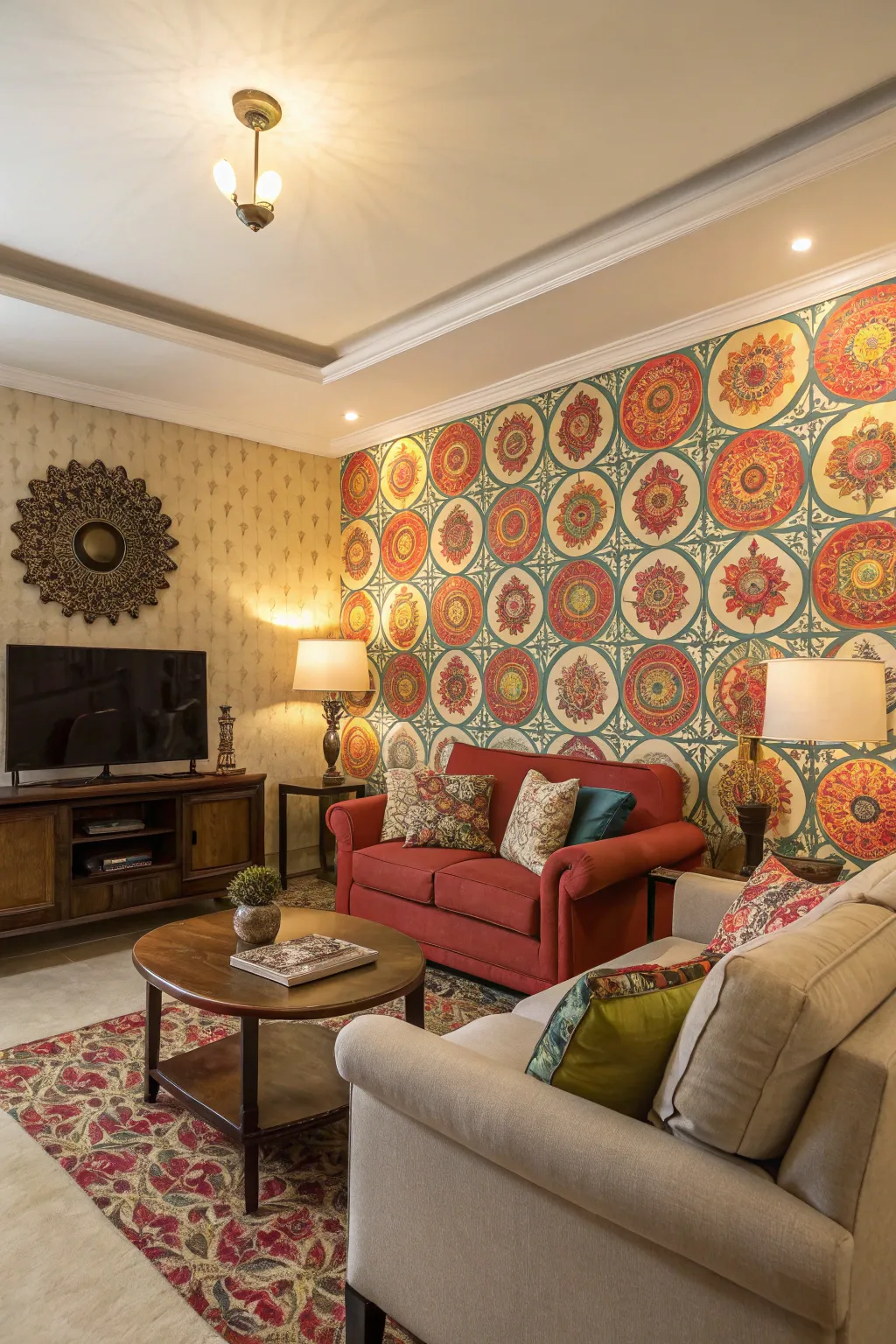 A vibrant accent wall transforming the living room.