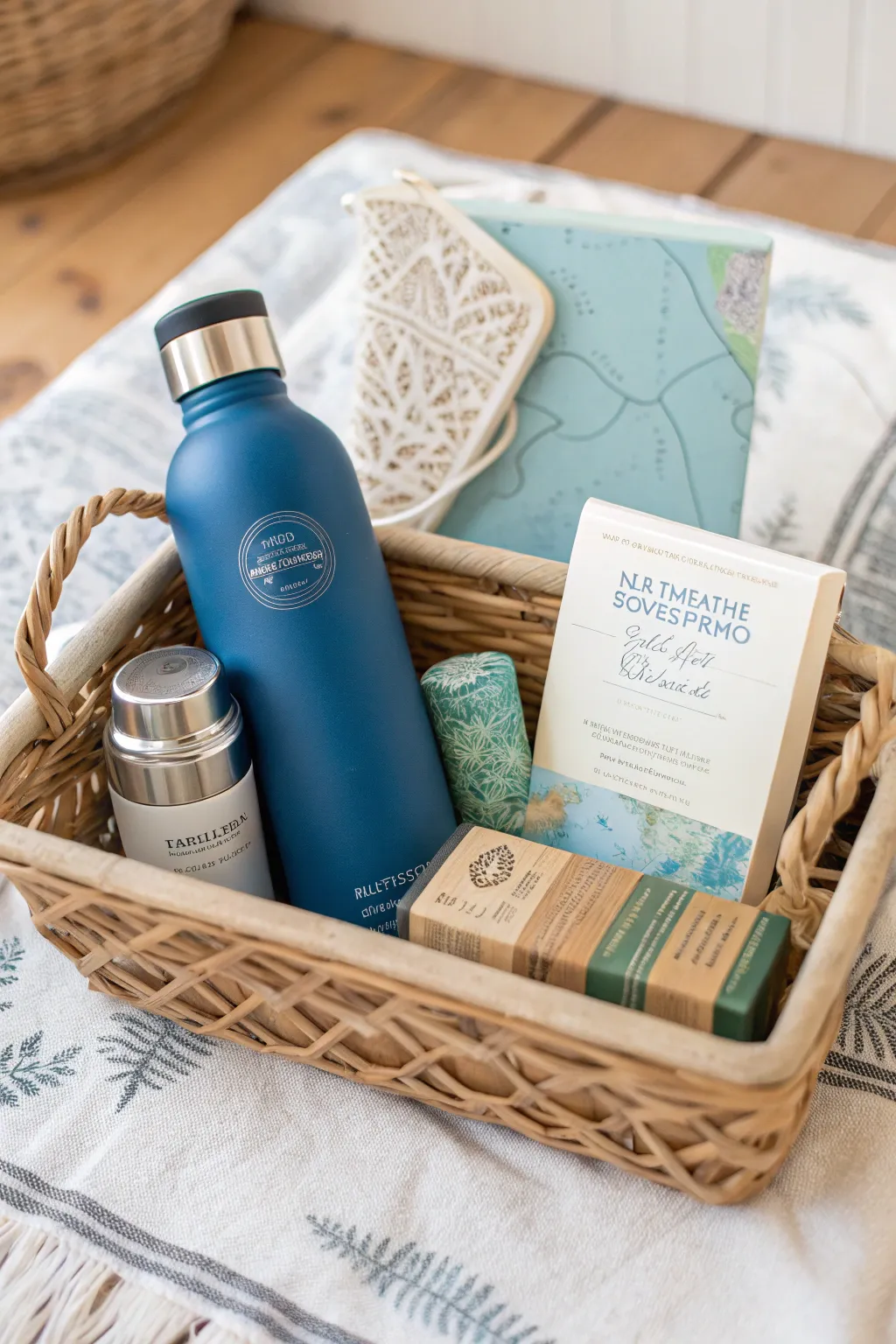 Adventure awaits with The Travel Buddy: A chic water bottle and essentials gift basket for the wanderlust soul.