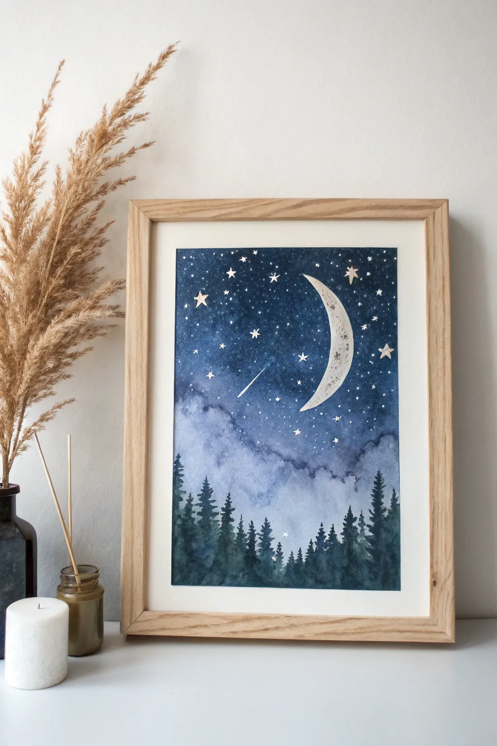 Embrace the tranquility of a starry night with this enchanting watercolor masterpiece.