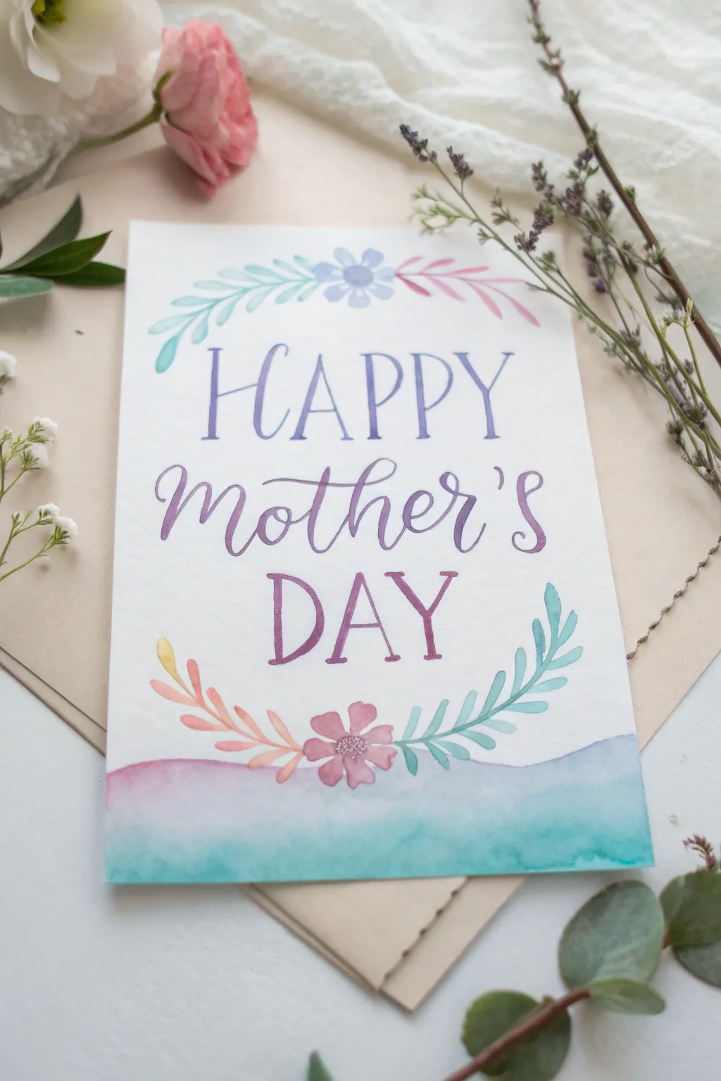 Celebrate Mother's Day with a personal touch: Handcrafted watercolor card with elegant calligraphy.
