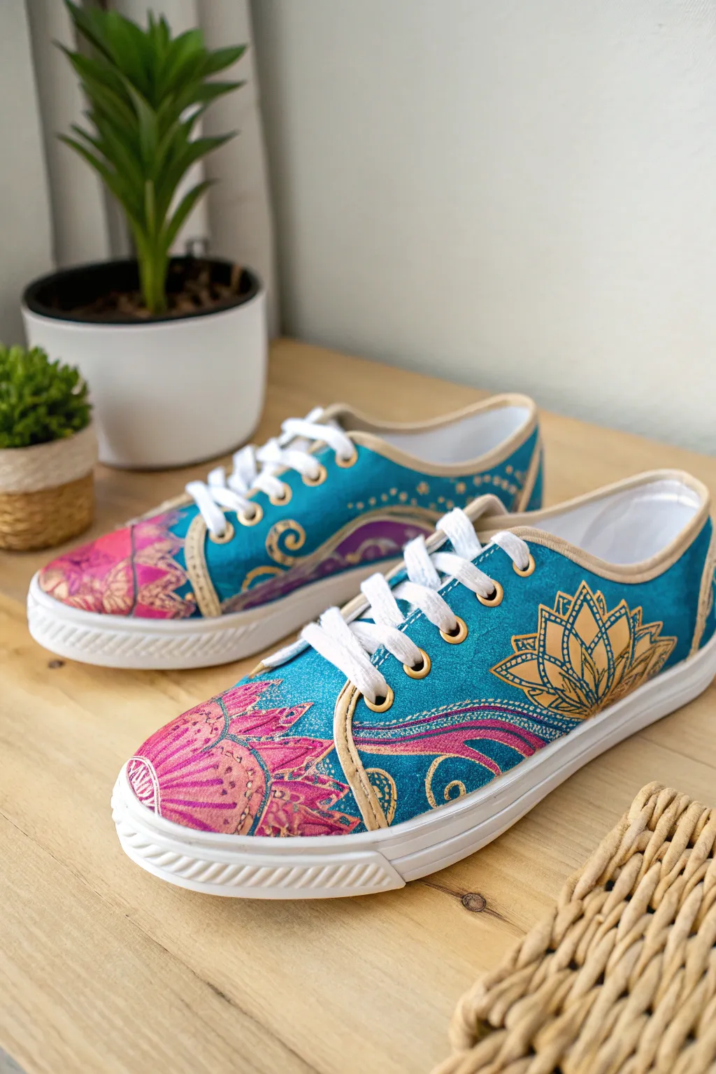 Step into a world of color with these hand-painted canvas sneakers—where every stride is a stroke of art.