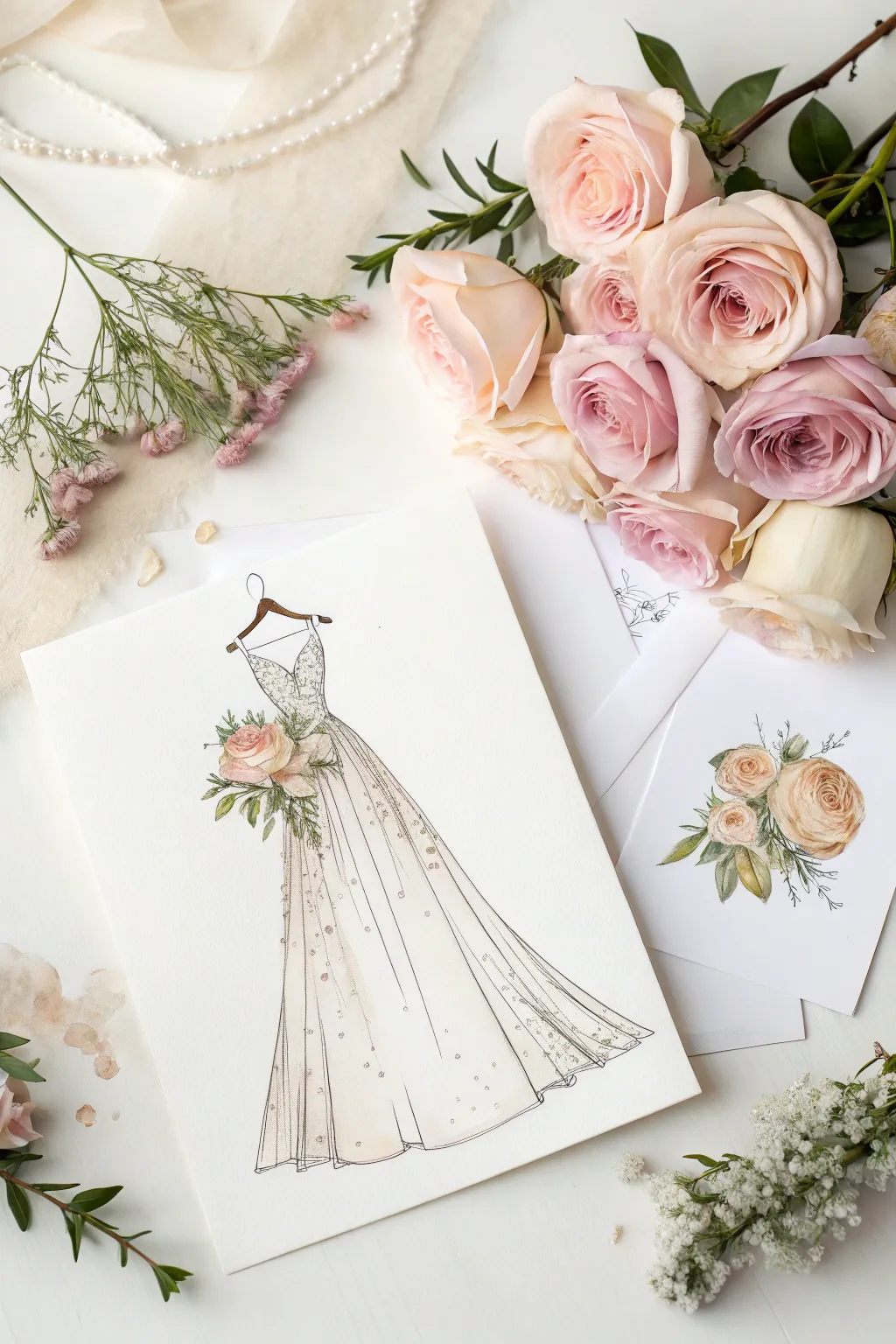 Embrace the romance: A harmonious blend of wedding dress sketches and floral elegance.