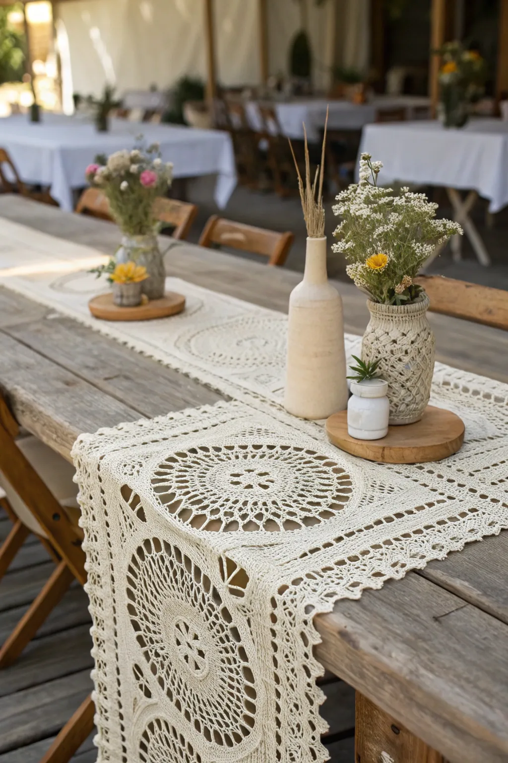 Elevate your wedding decor with an exquisite crochet table runner that seamlessly blends minimalism with boho elegance.