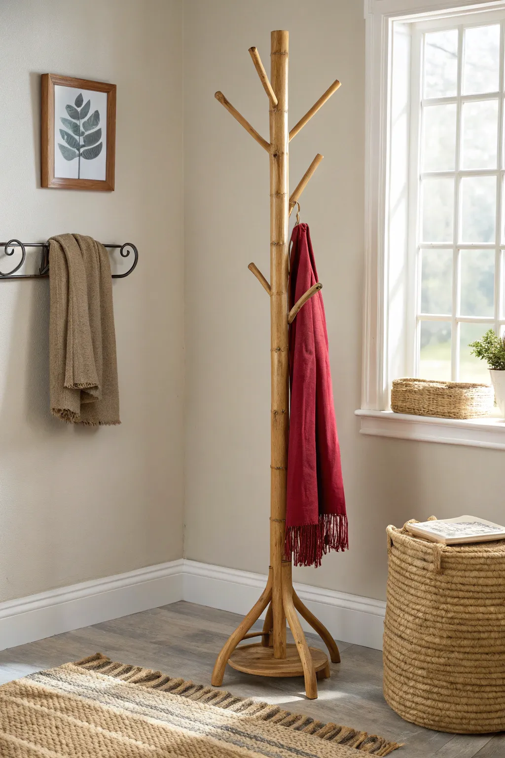 Elevate your entryway with this chic bamboo coat rack, where simplicity meets natural elegance.