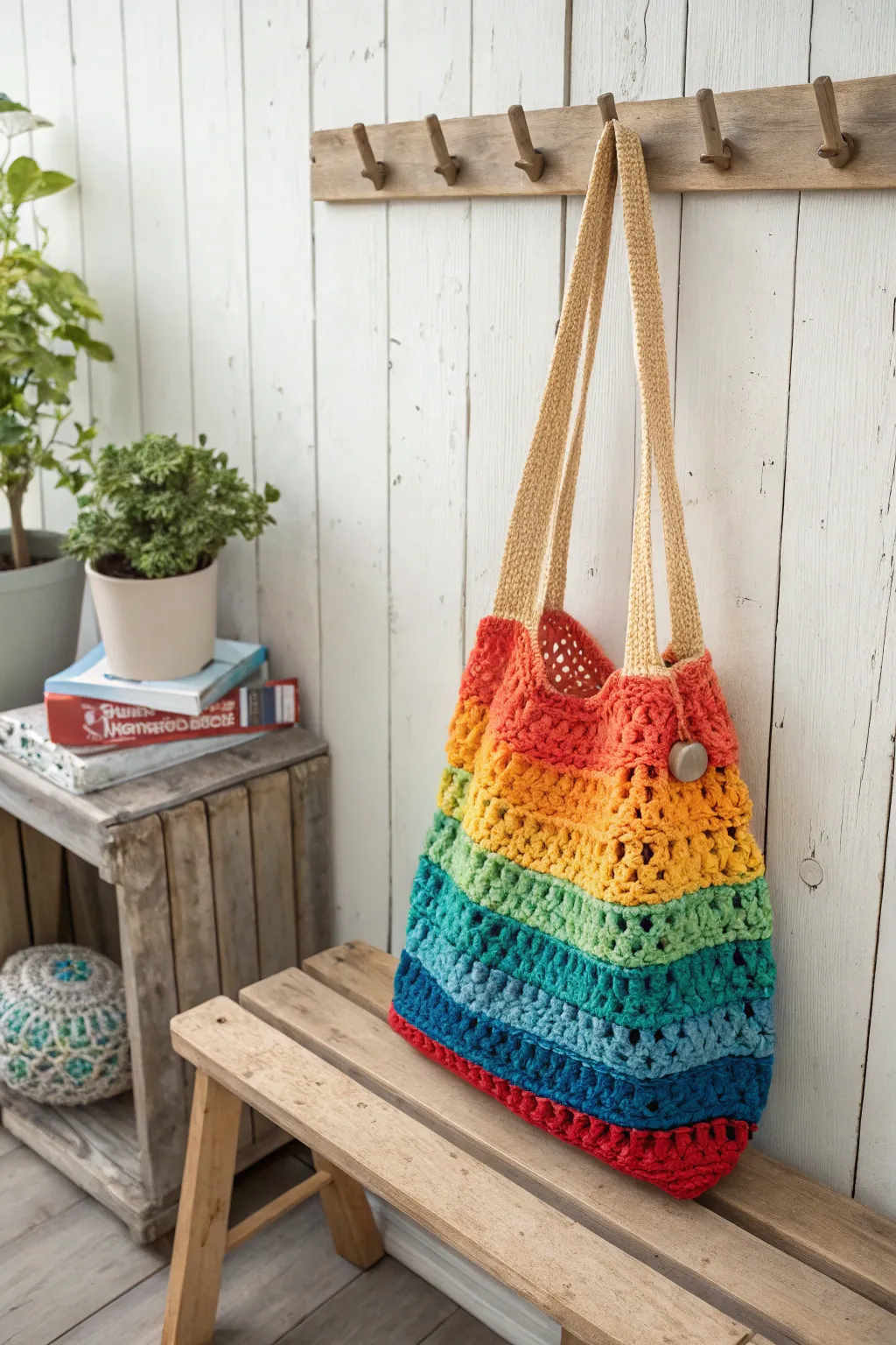 Brighten your market days with a vibrant rainbow crochet tote bag – where craftsmanship meets style!