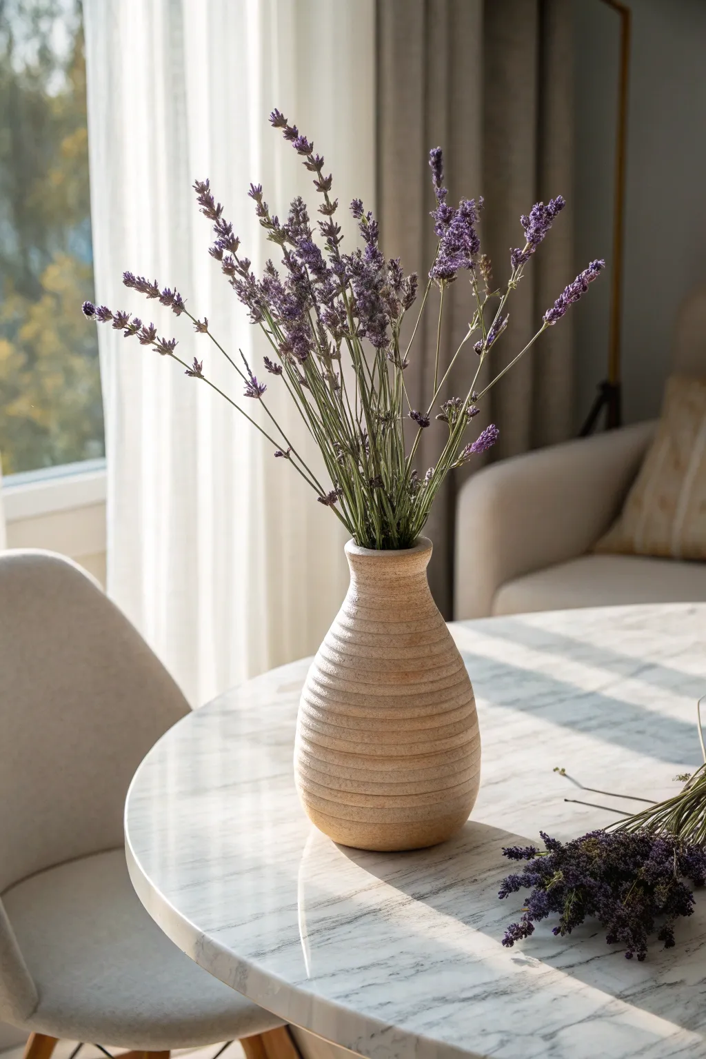 Elevate your dining space with the natural elegance of a lavender centerpiece.