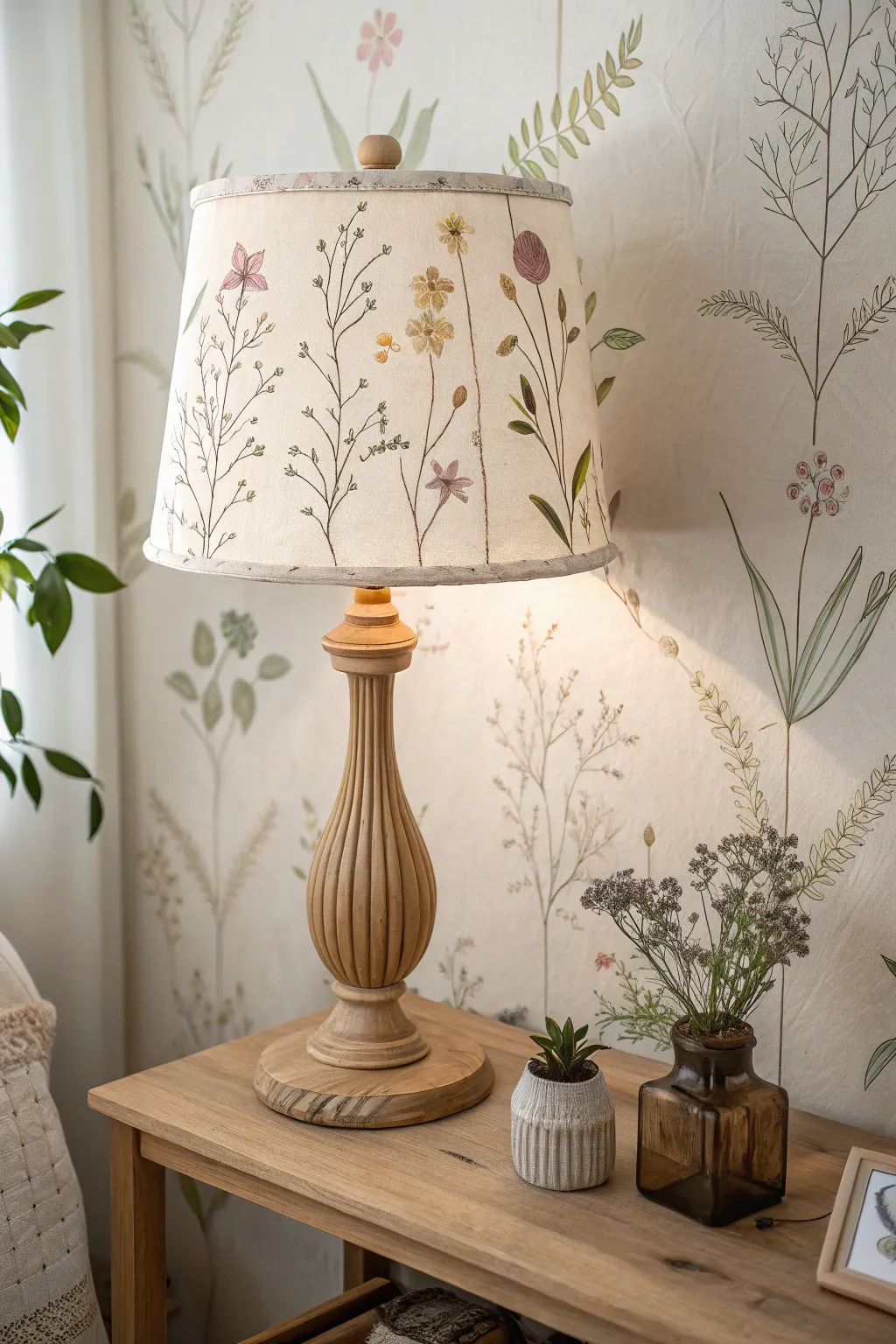 Illuminate your space with the natural beauty of pressed flowers on a lampshade, blending minimalist elegance with Boho charm.