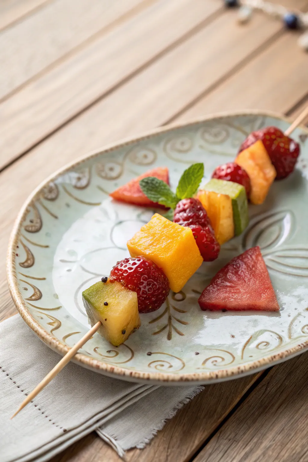 Add a touch of tropical flair to your gatherings with these colorful chamoy fruit skewers.