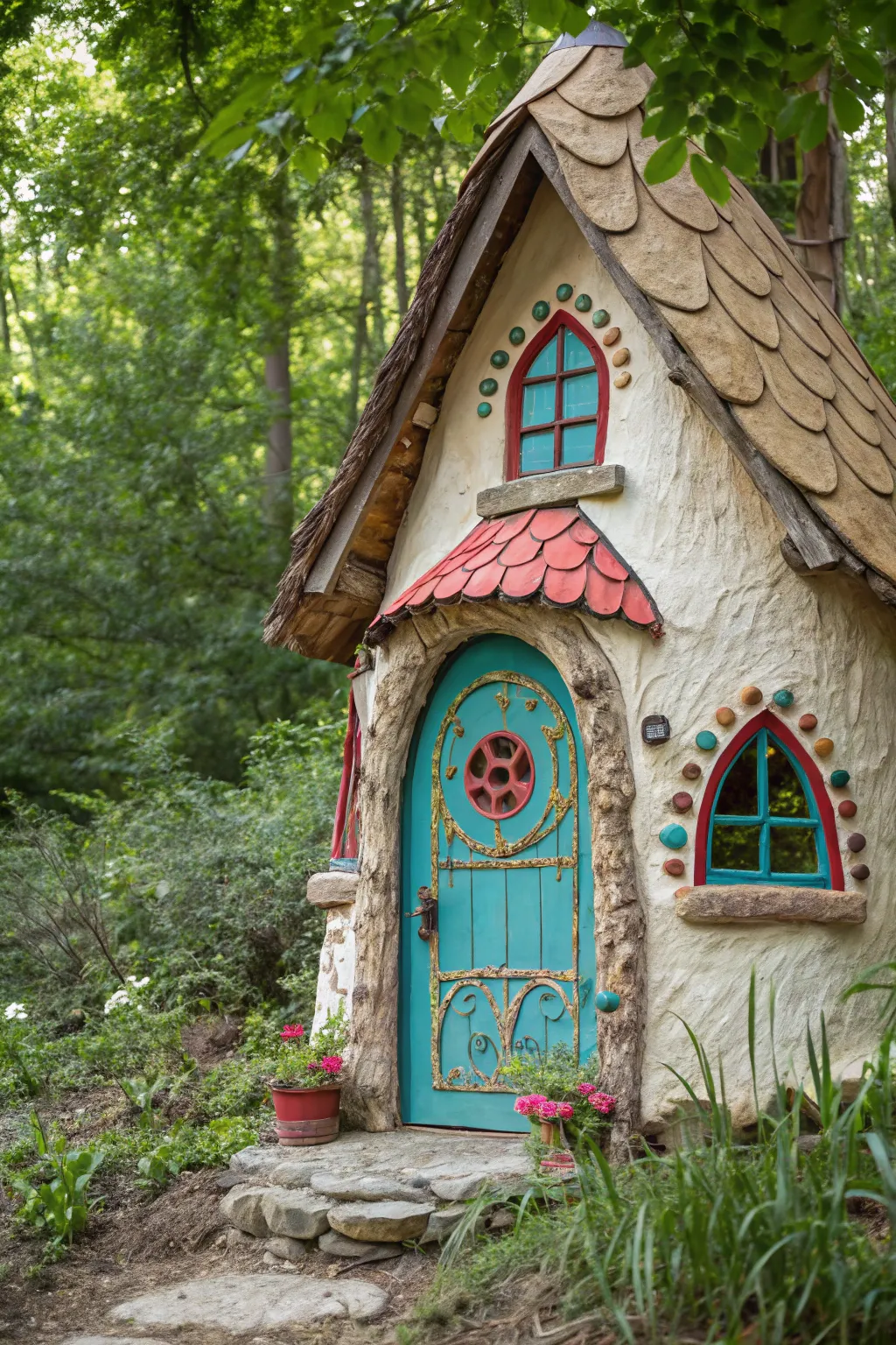 Step into a whimsical world with this vibrant turquoise fairy house, the perfect blend of minimalist elegance and playful fantasy.