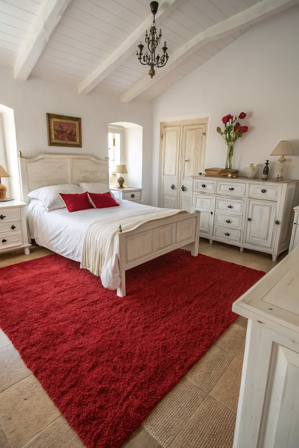 A vibrant red rug anchors the room, adding warmth and texture.