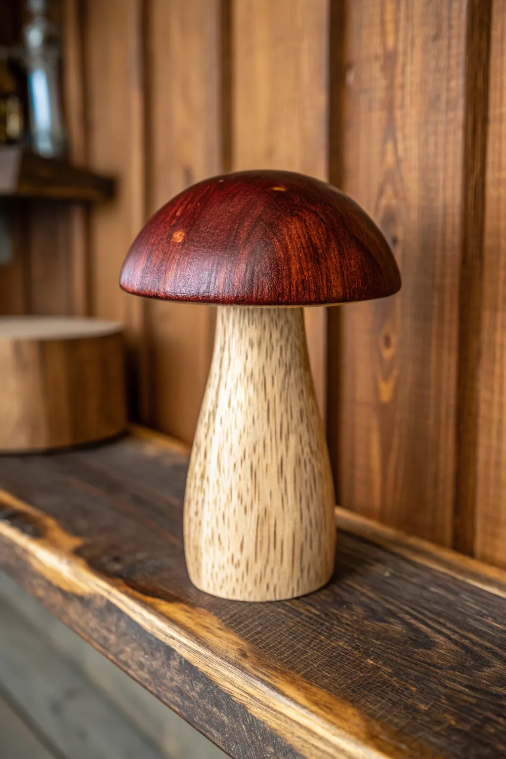 Add a touch of nature with this artfully whittled wooden mushroom—where craftsmanship meets whimsy.