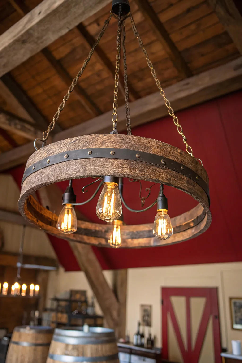 Illuminate your event with vintage charm: Rustic wine barrel ring chandelier for unforgettable décor.