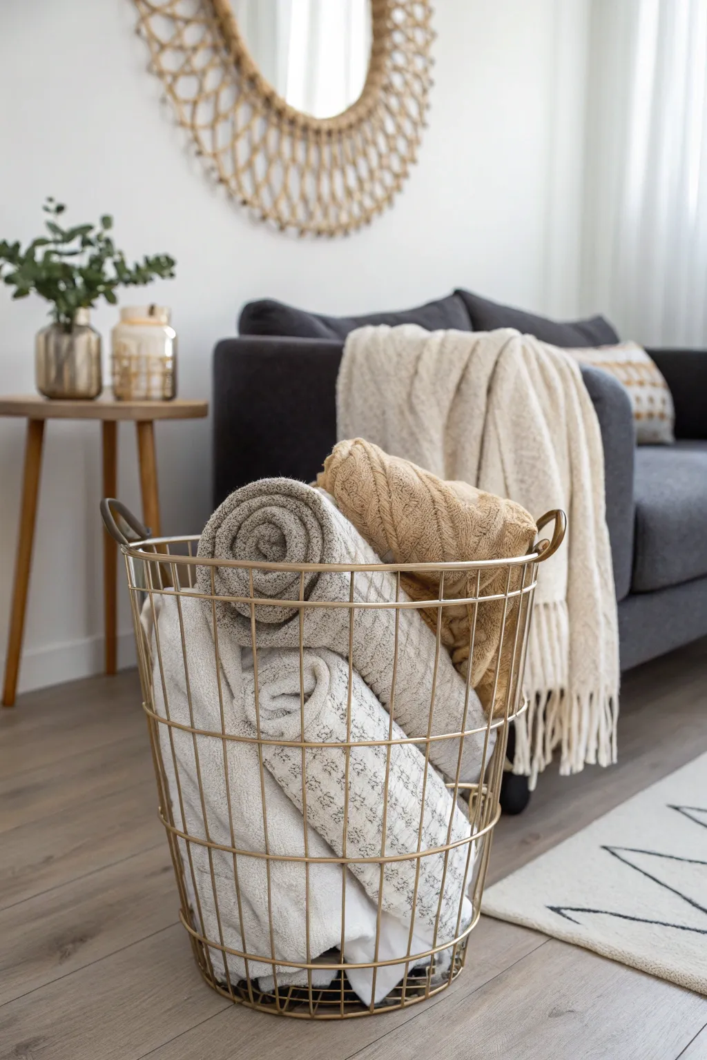 Cozy up your living space with a chic wire basket for blanket storage, merging minimalist elegance with boho charm.