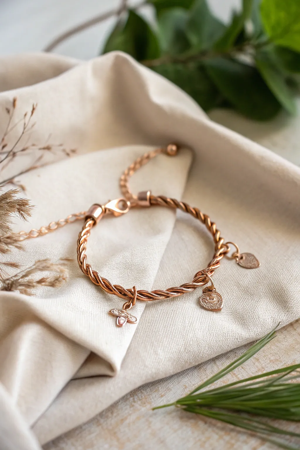 Embrace earthy elegance with a handcrafted copper wire charm bracelet, a timeless piece that complements any style.