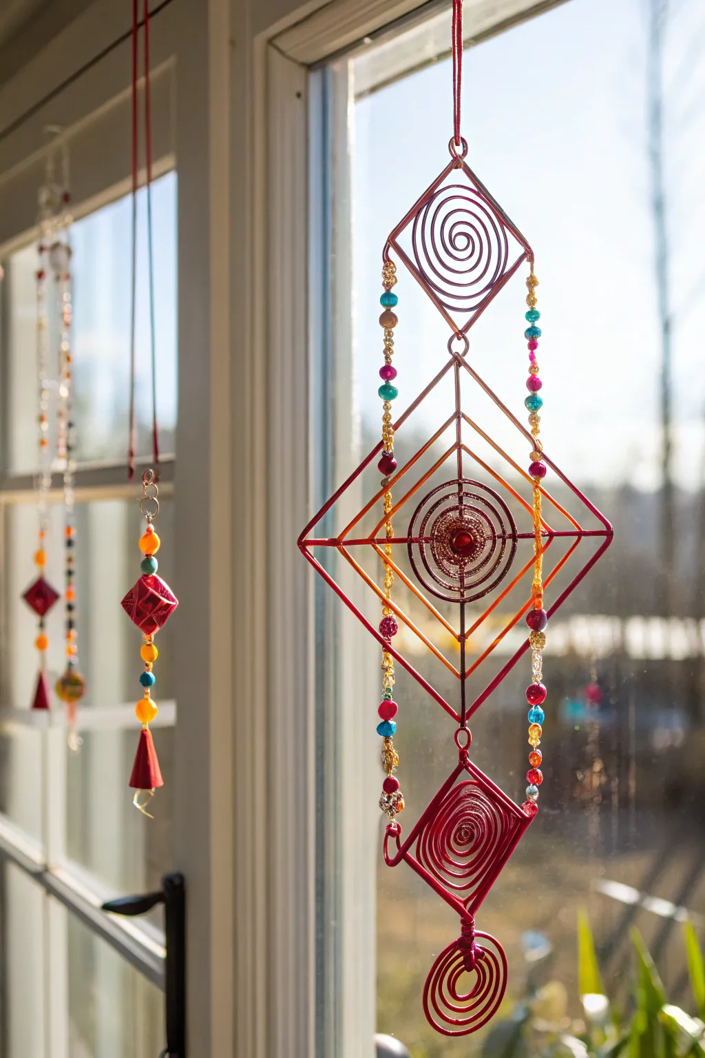 Illuminate your space with the artistry of a handcrafted wire mobile, where sunlight meets vibrant design.
