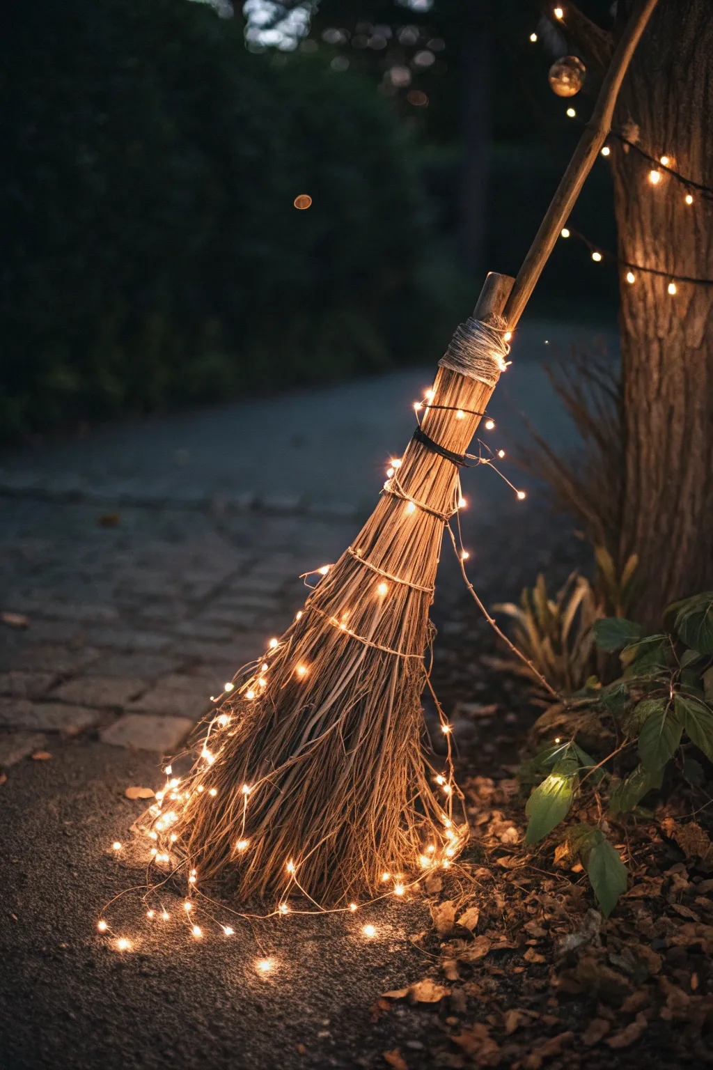 Bring a magical glow to your decor with a broom wrapped in fairy lights.