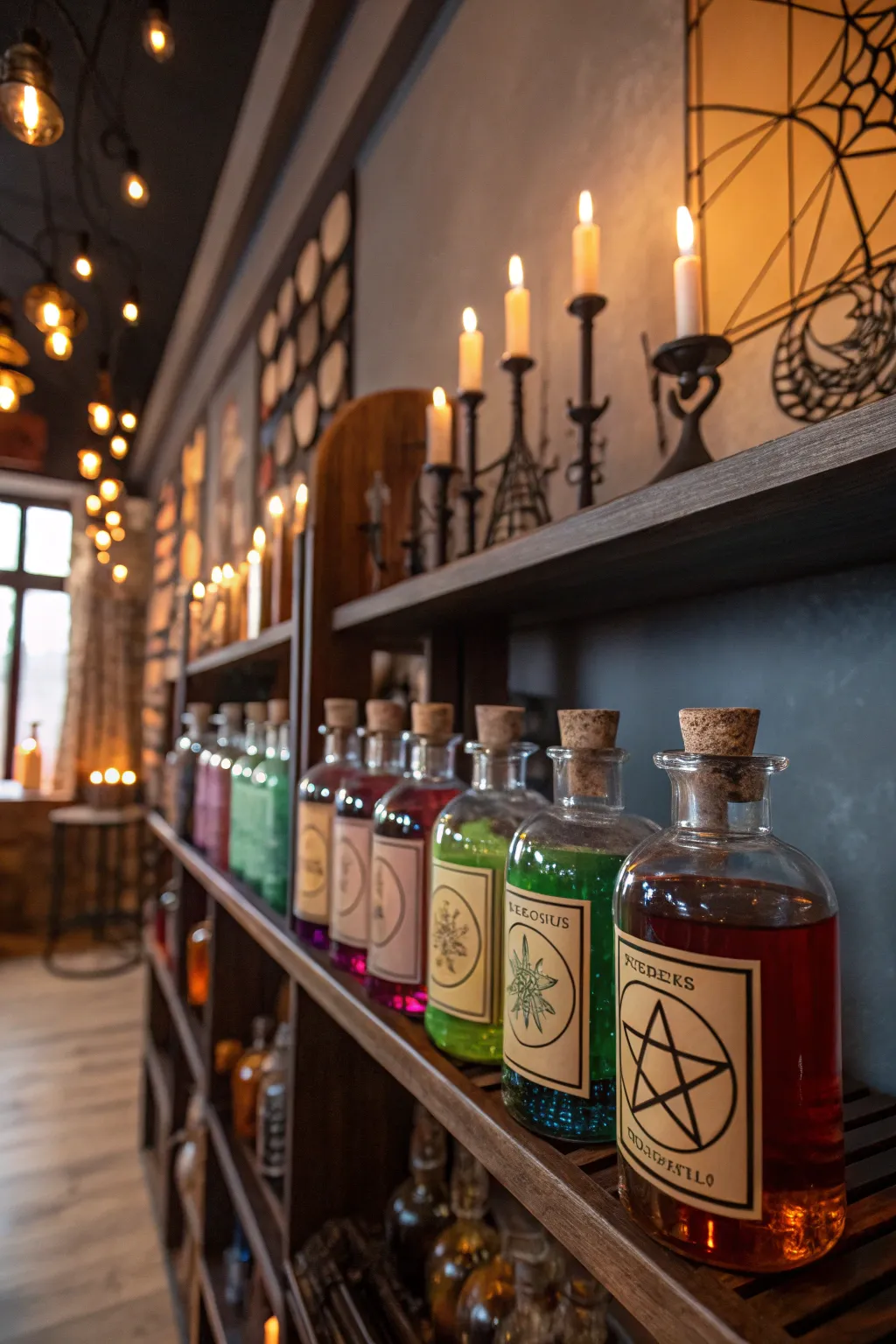 Potion bottles add whimsy and color to kitchen shelves.
