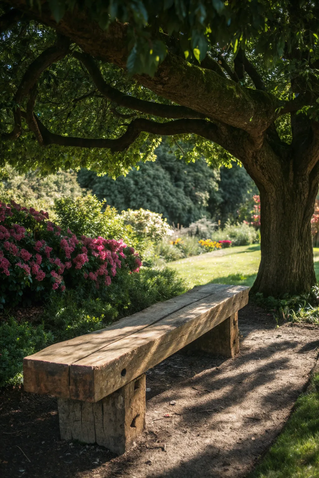 Discover outdoor elegance with this handcrafted wood beam bench, perfectly nestled under a leafy sanctuary.