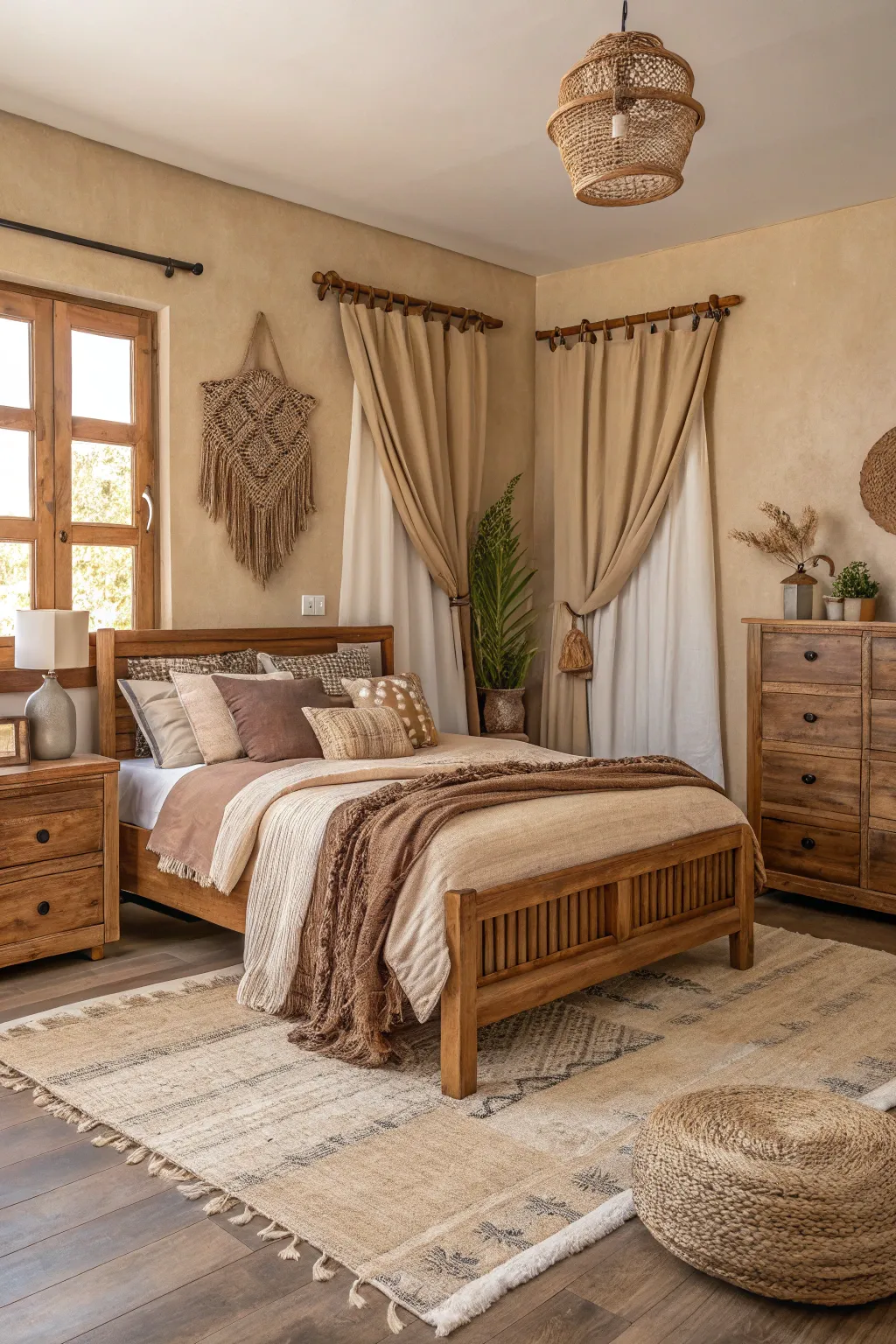 Neutral and earthy tones complement wood beautifully.