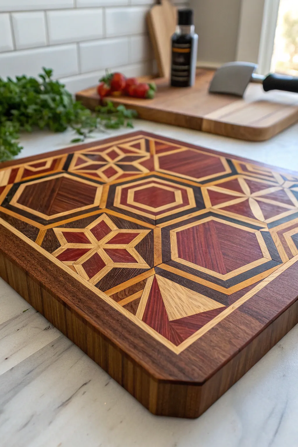 Elevate your kitchen with a cutting board that's a masterpiece of geometric artistry.