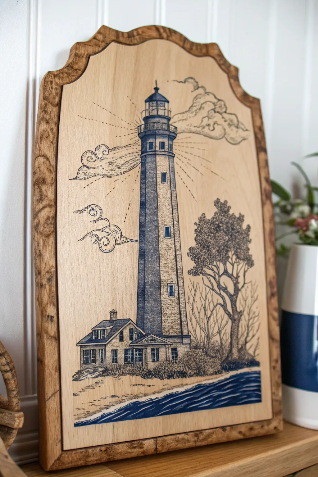 Capture the essence of seaside serenity with this stunning lighthouse wood drawing – a perfect blend of minimalist design and bohemian charm.
