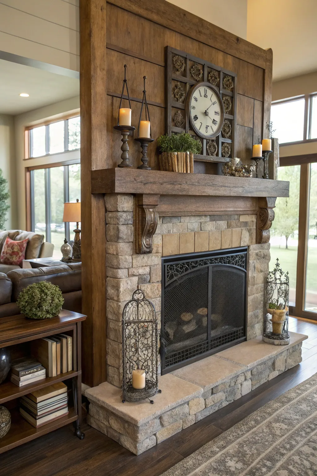Create visual interest with a mixed material wood mantel.