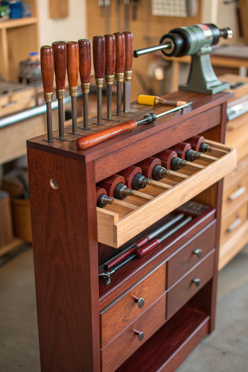 Elevate your woodworking experience with a finely crafted lathe stand that brings tools within arm's reach.